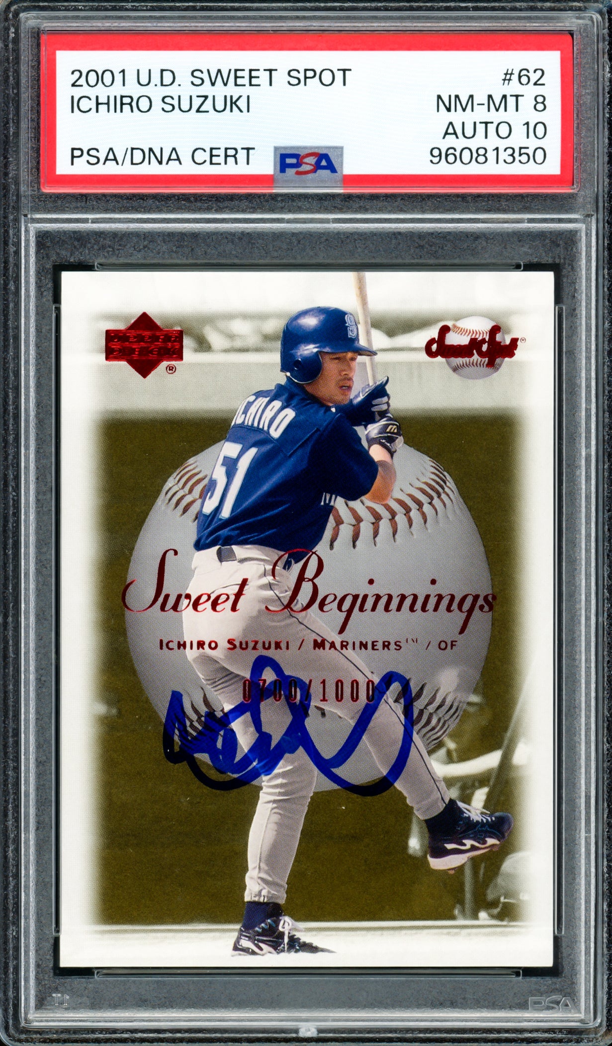 Ichiro Suzuki Autographed 2001 Upper Deck UD Sweet Spot Rookie Card #62 Seattle Mariners PSA 8 Auto Grade Gem Mint 10 #700/1000 PSA/DNA #96091350