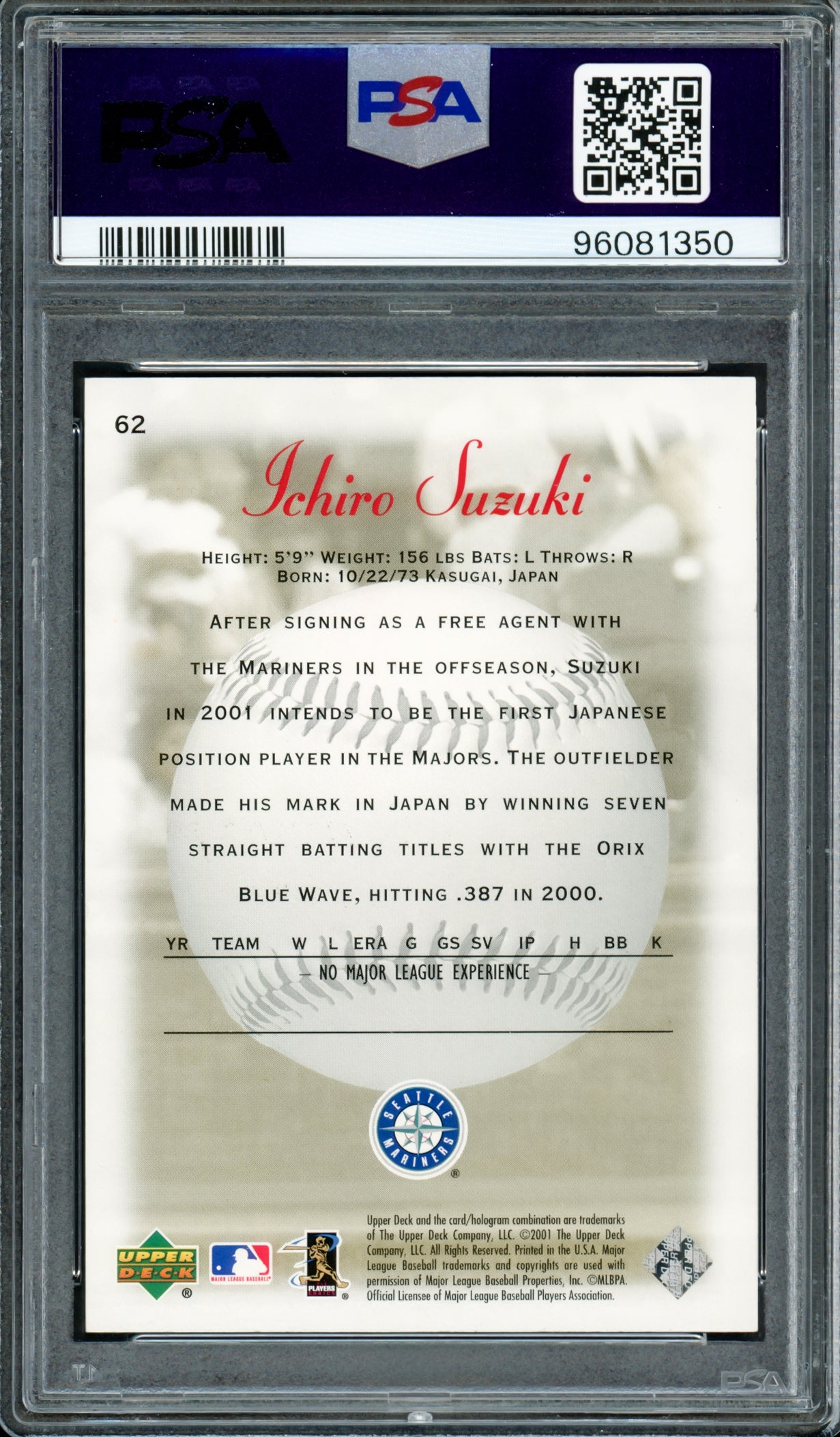 Ichiro Suzuki Autographed 2001 Upper Deck UD Sweet Spot Rookie Card #62 Seattle Mariners PSA 8 Auto Grade Gem Mint 10 #700/1000 PSA/DNA #96091350