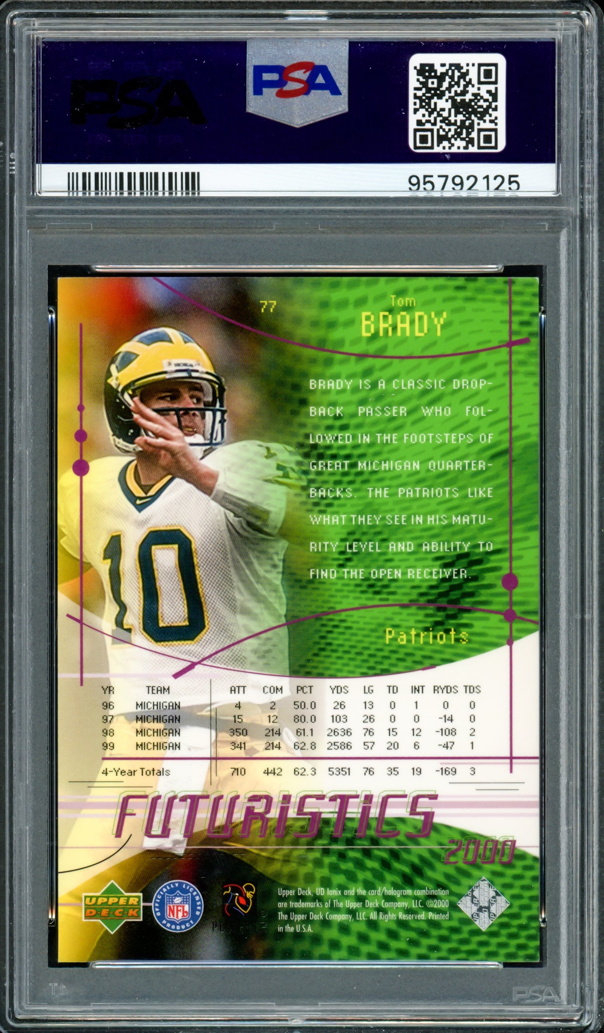 Tom Brady Autographed 2000 Upper Deck UD Ionix Rookie Card #77 New England Patriots PSA 9 Auto Grade Gem Mint 10 PSA/DNA #95792125