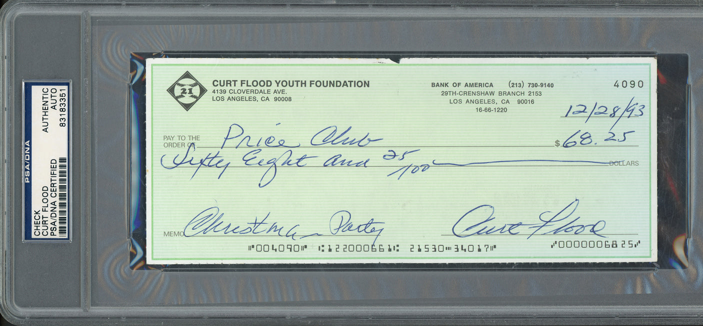 Curt Flood Autographed 3.5x8.5 Check St. Louis Cardinals PSA/DNA #83183351