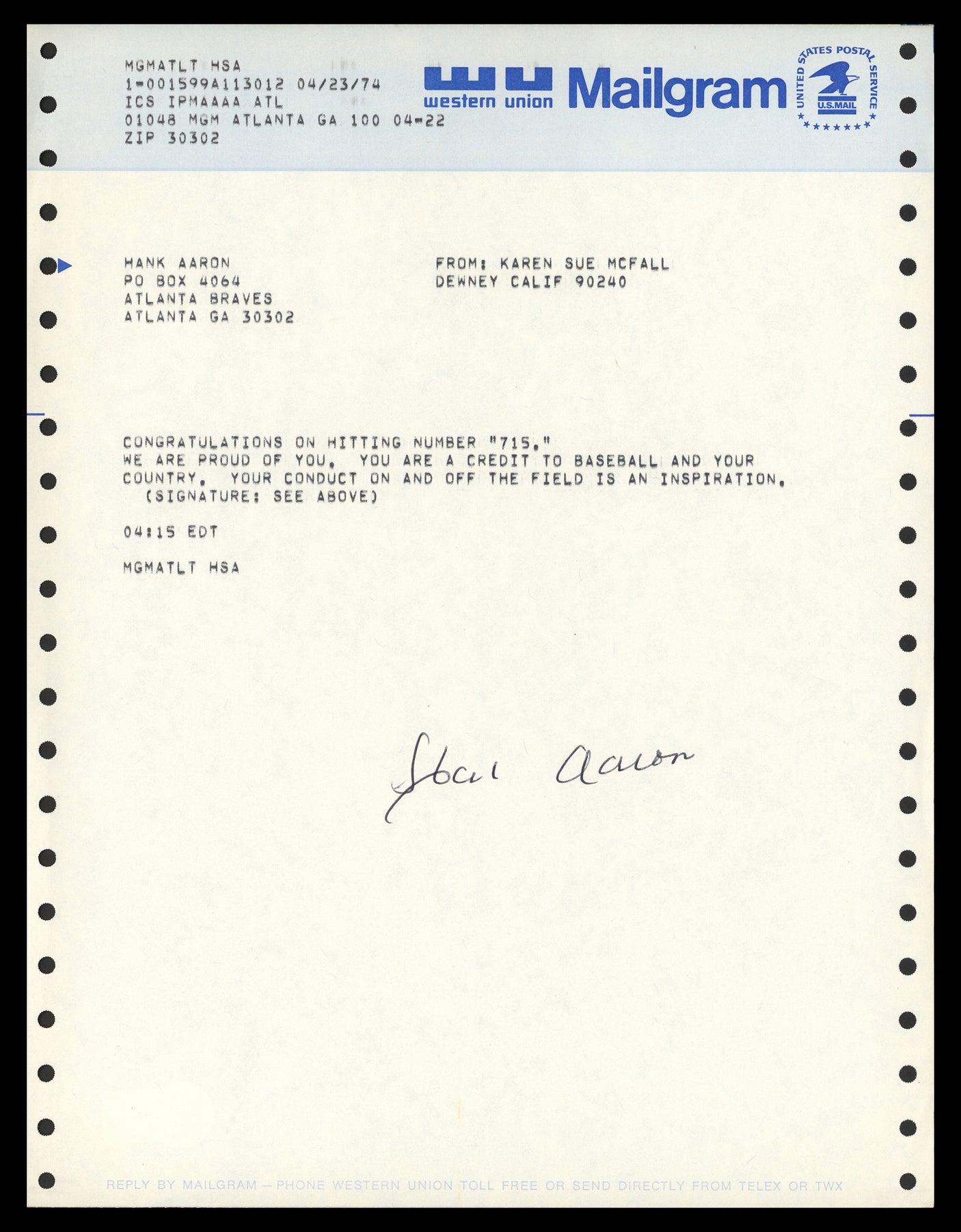 Hank Aaron Autographed 715 HR Congratulations 8x10 Telegram Document Atlanta Braves Beckett BAS #AE08261