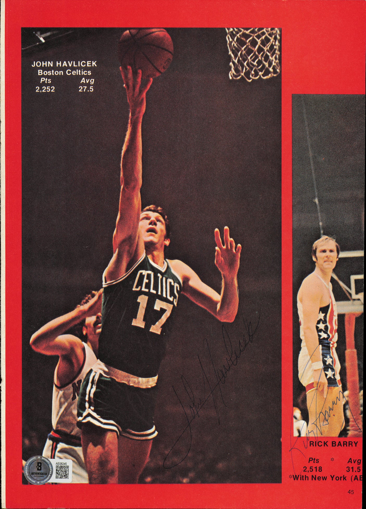 John Havlicek, Rick Barry & Gail Goodrich Autographed 8x11 Magazine Page Photo Beckett BAS #AE08245