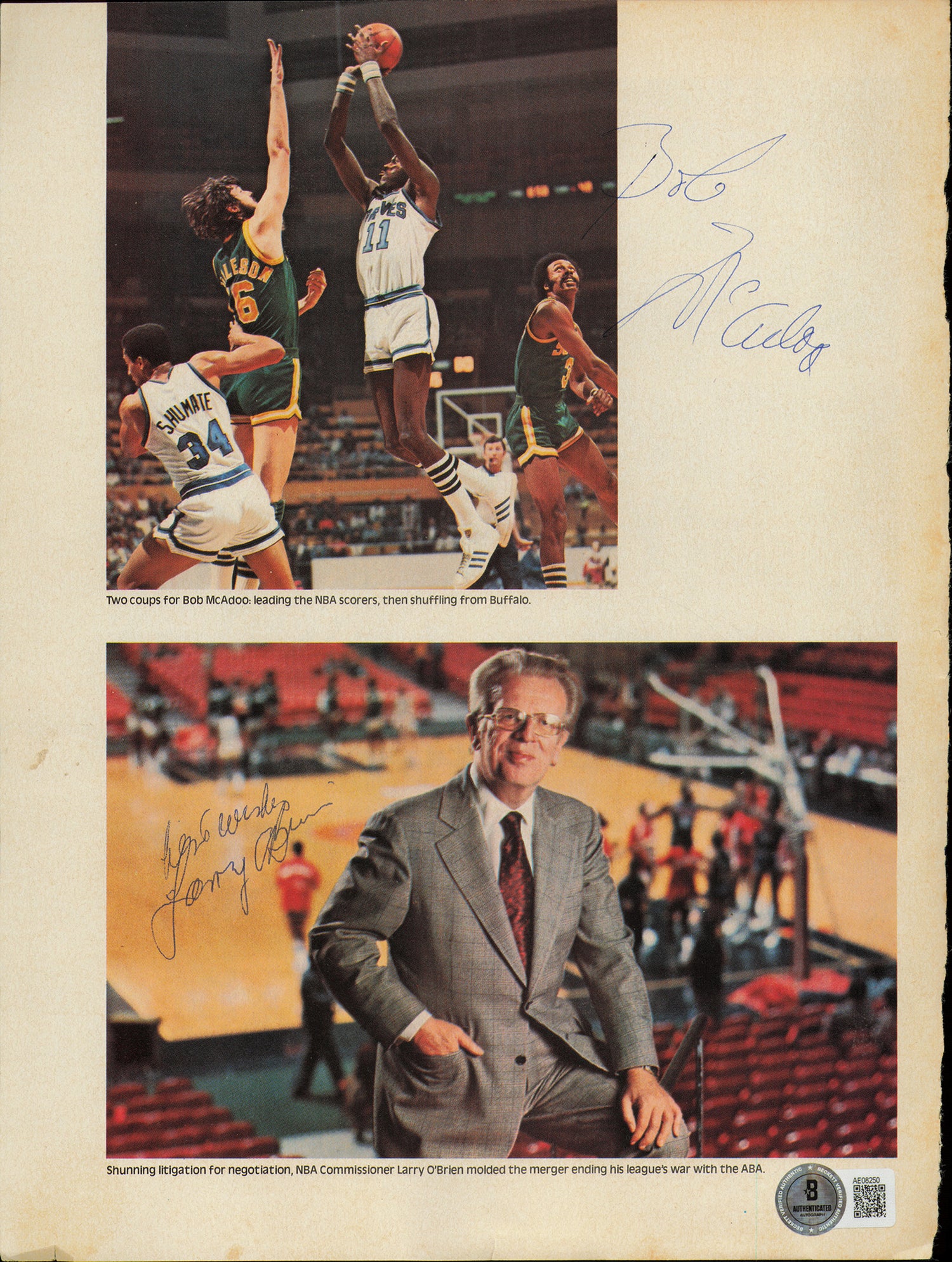Larry O'Brien, Bob McAdoo & David Thompson Autographed 8x11 Magazine Page Photo Beckett BAS #AE08250