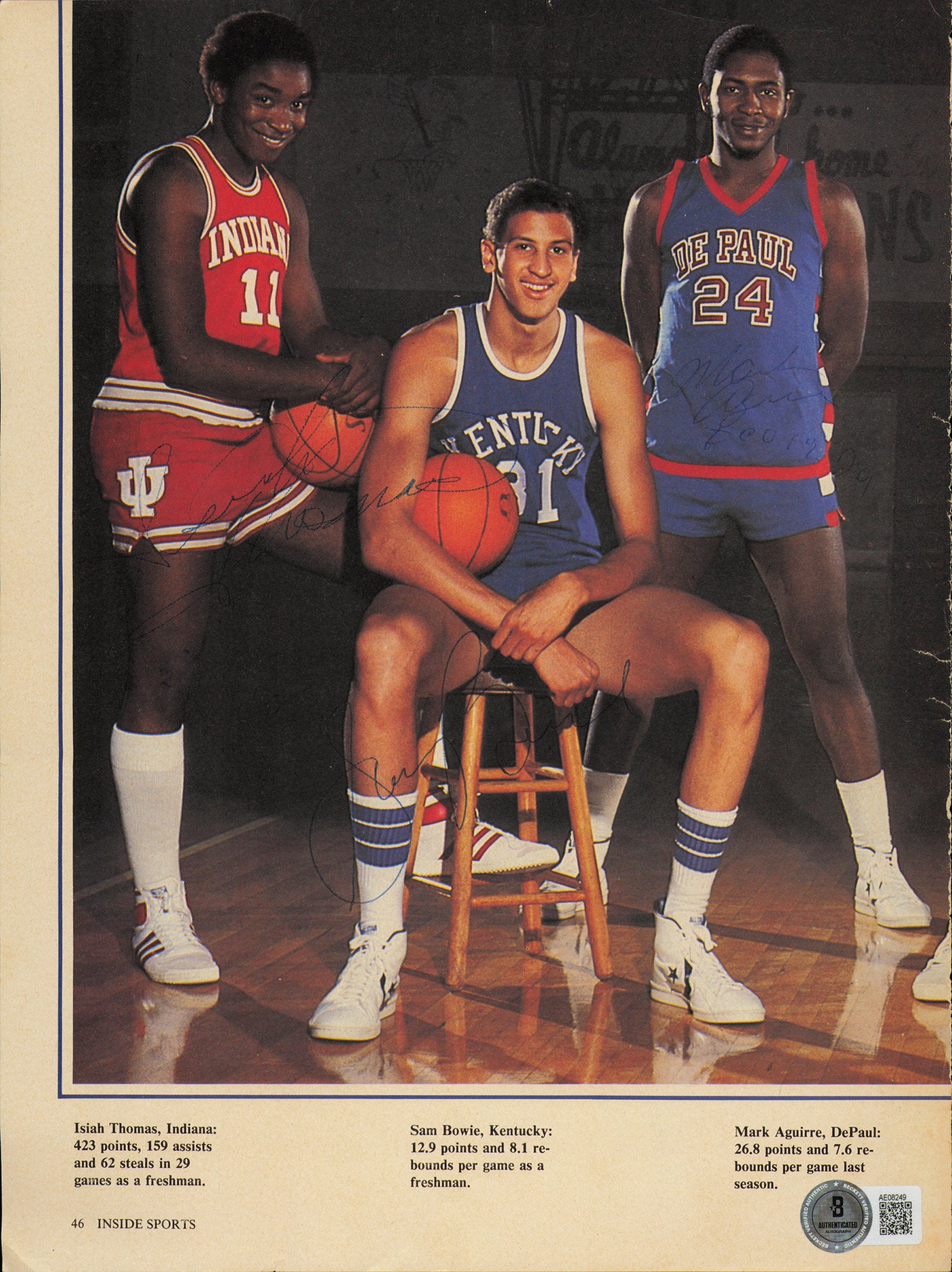 Isiah Thomas, Sam Bowie & Mark Aguirre Autographed 8x11 Magazine Page Photo Beckett BAS #AE08249