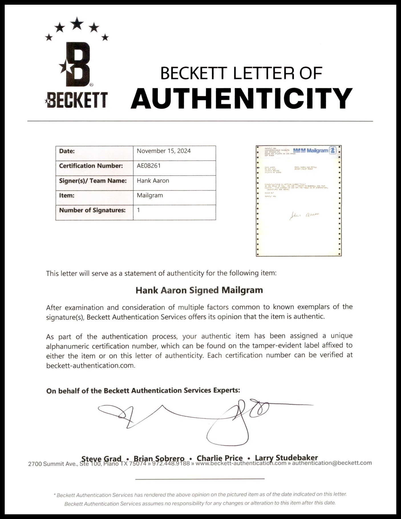Hank Aaron Autographed 715 HR Congratulations 8x10 Telegram Document Atlanta Braves Beckett BAS #AE08261