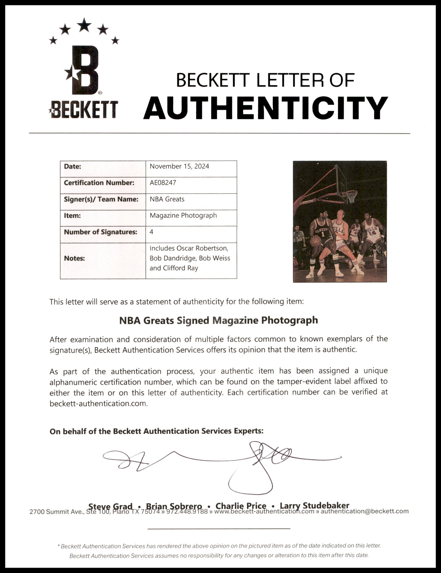 Oscar Robertson, Clifford Ray & Bob Weiss Autographed 8x11 Magazine Page Photo Beckett BAS #AE08247