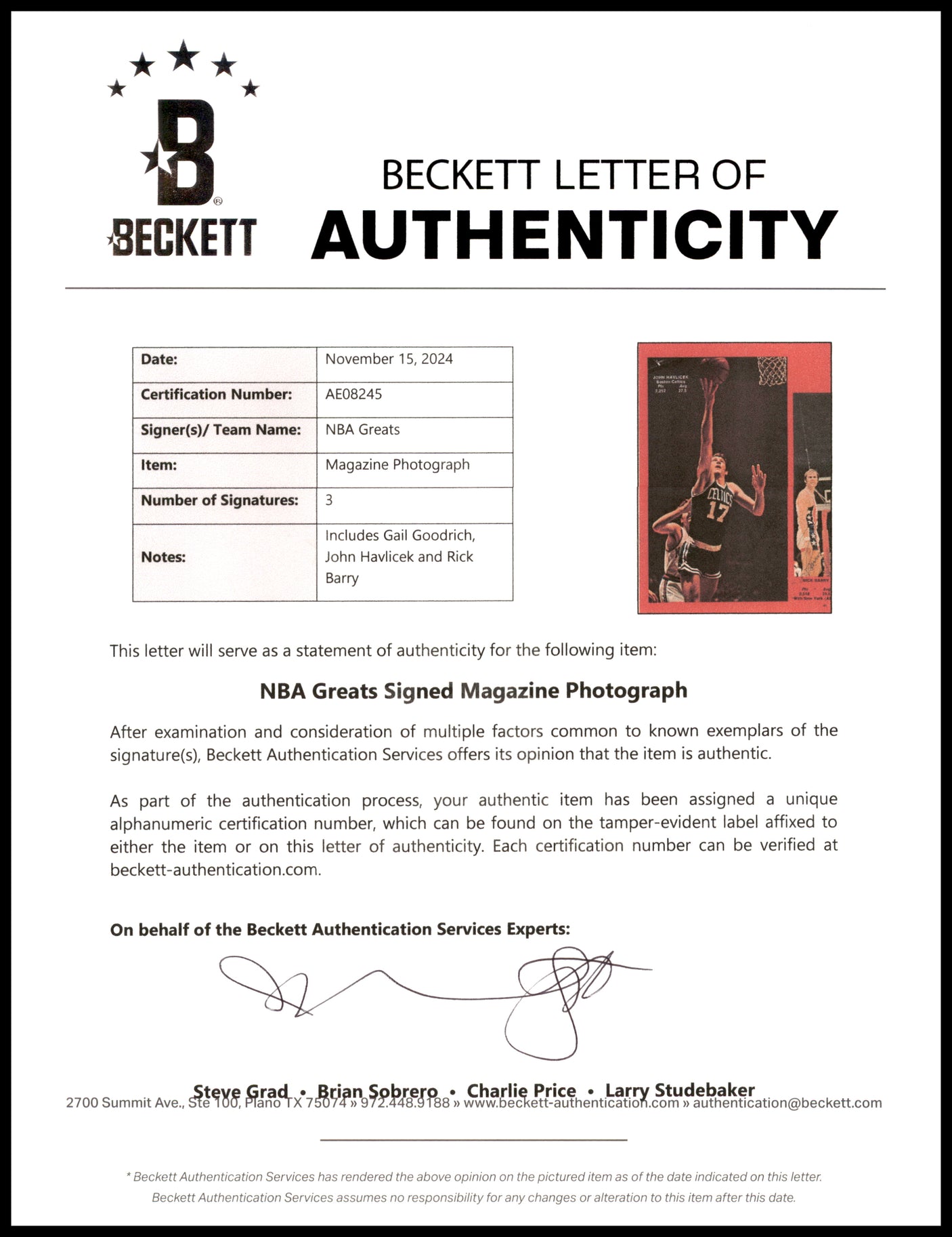 John Havlicek, Rick Barry & Gail Goodrich Autographed 8x11 Magazine Page Photo Beckett BAS #AE08245