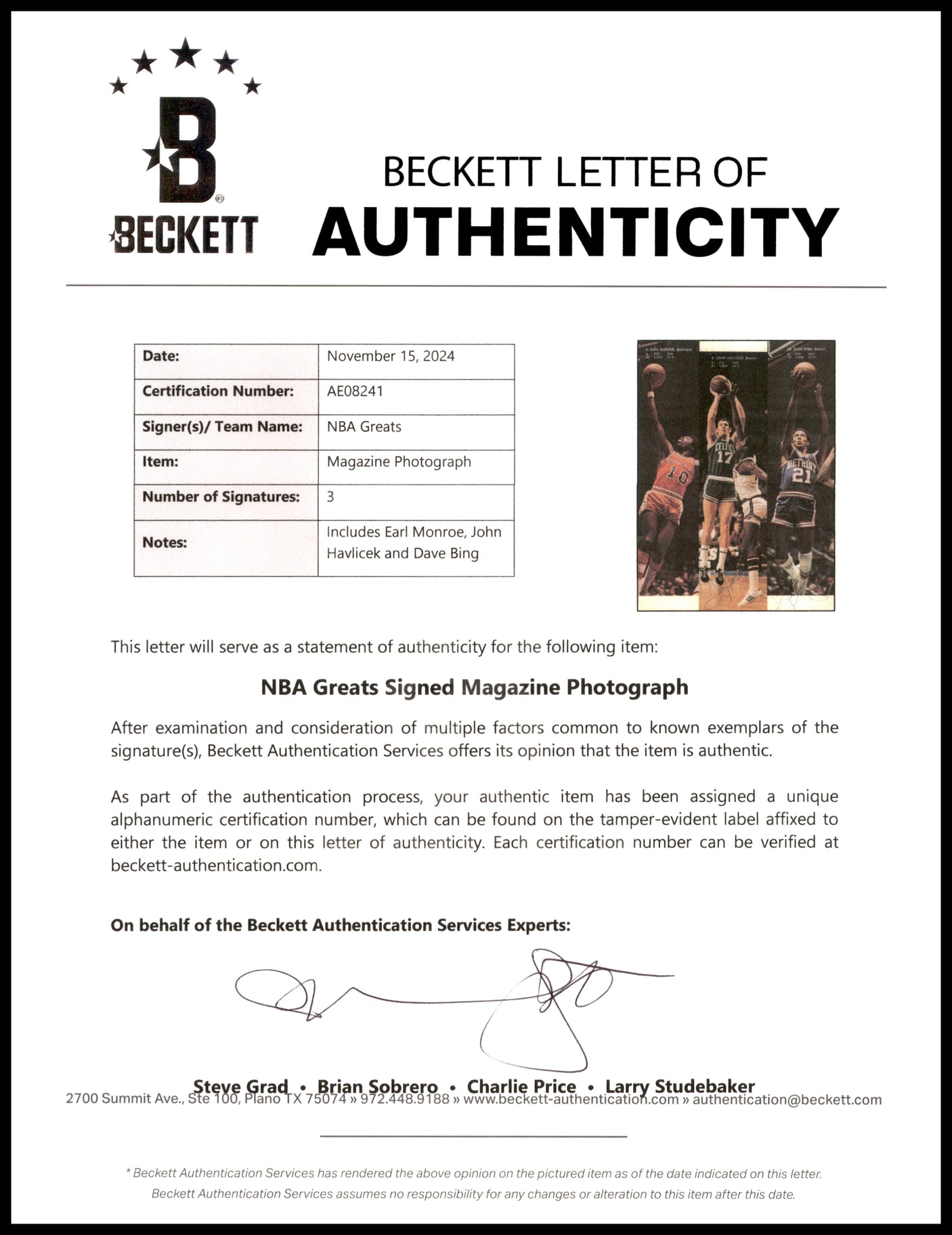 John Havlicek, Earl Monroe & Dave Bing Autographed 8x11 Magazine Page Photo Beckett BAS #AE08241