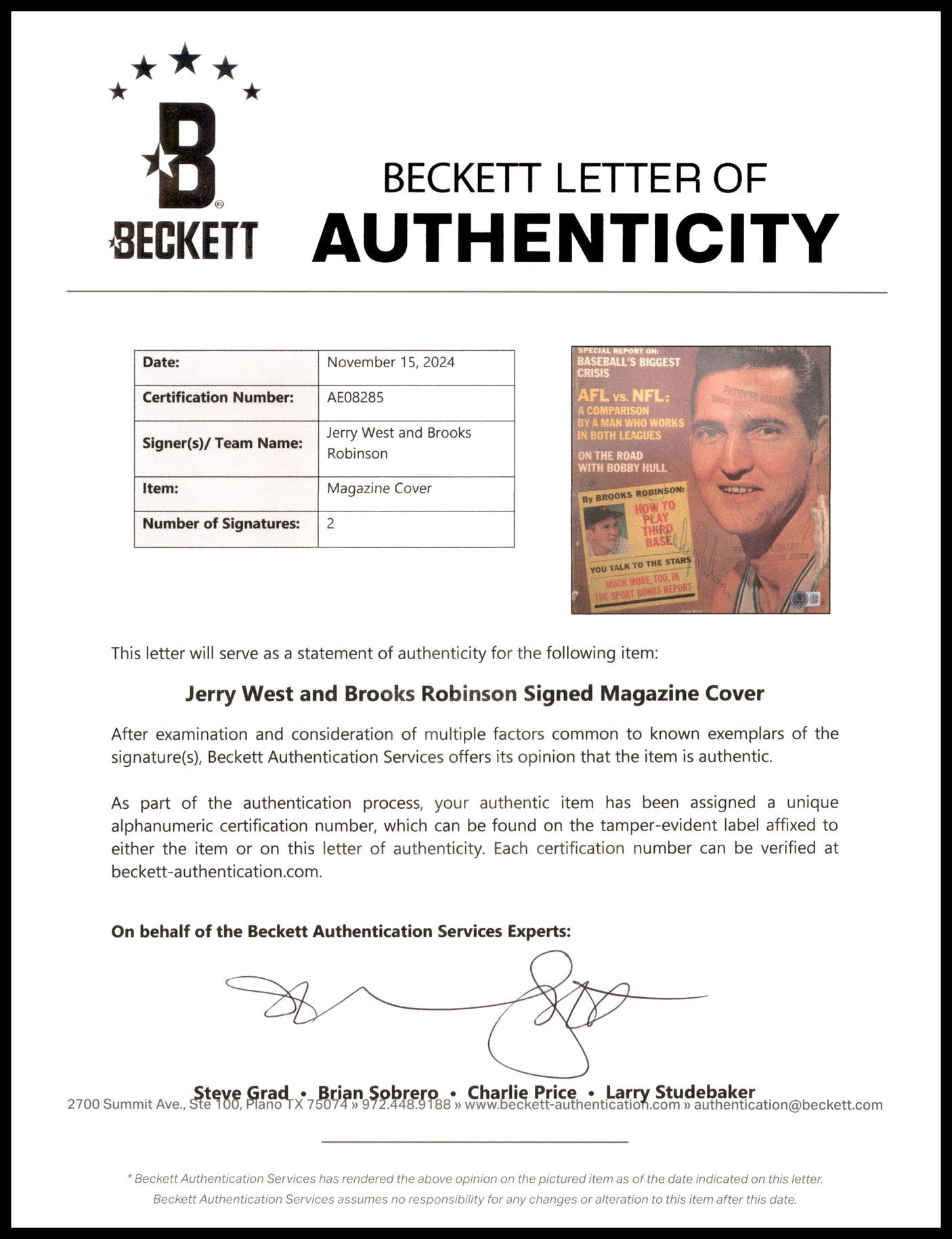 Jerry West & Brooks Robinson Autographed Sport Magazine Cover Beckett BAS #AE08285