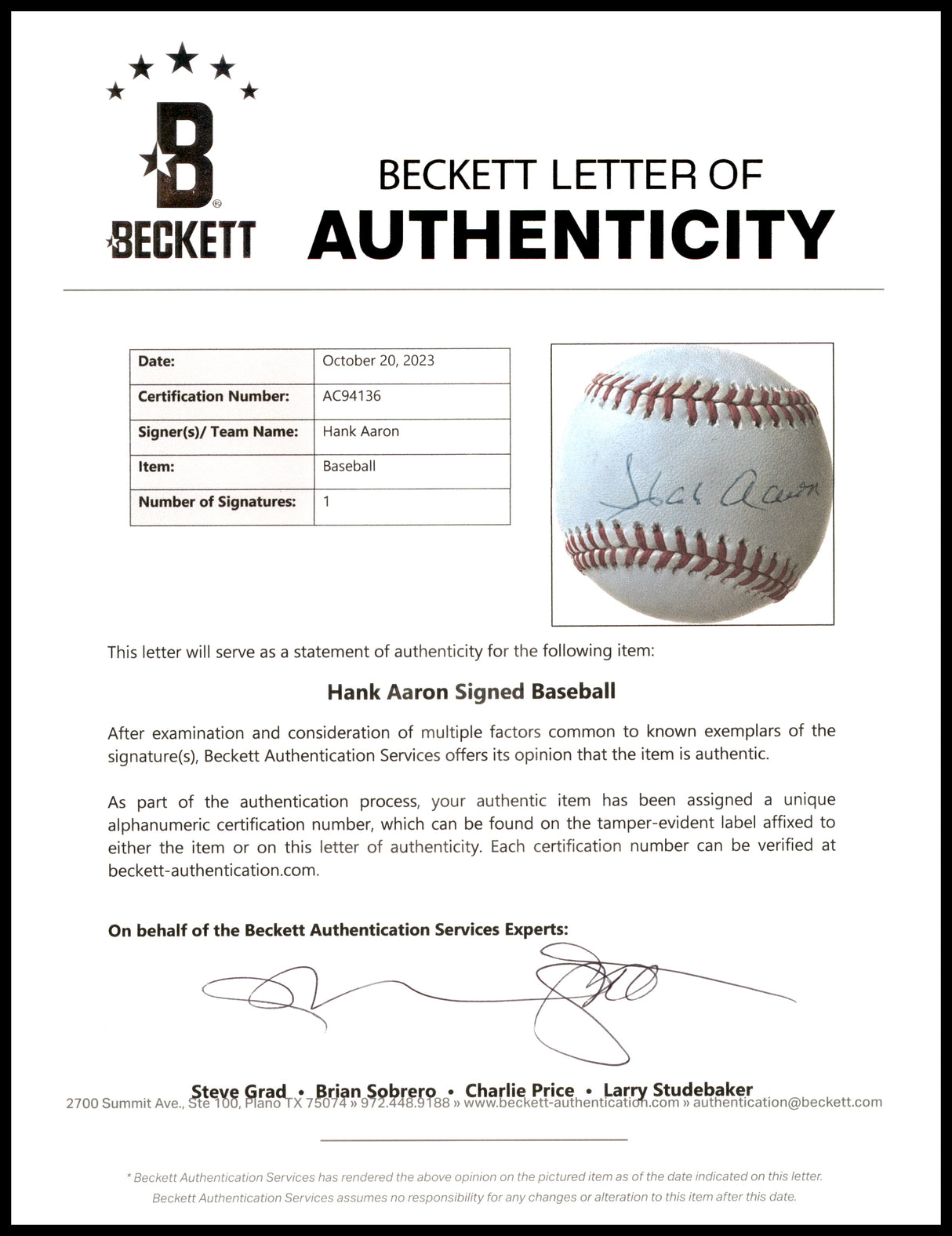 Hank Aaron Autographed Official NL Baseball Atlanta Braves UDA Holo & Beckett BAS #AC94136