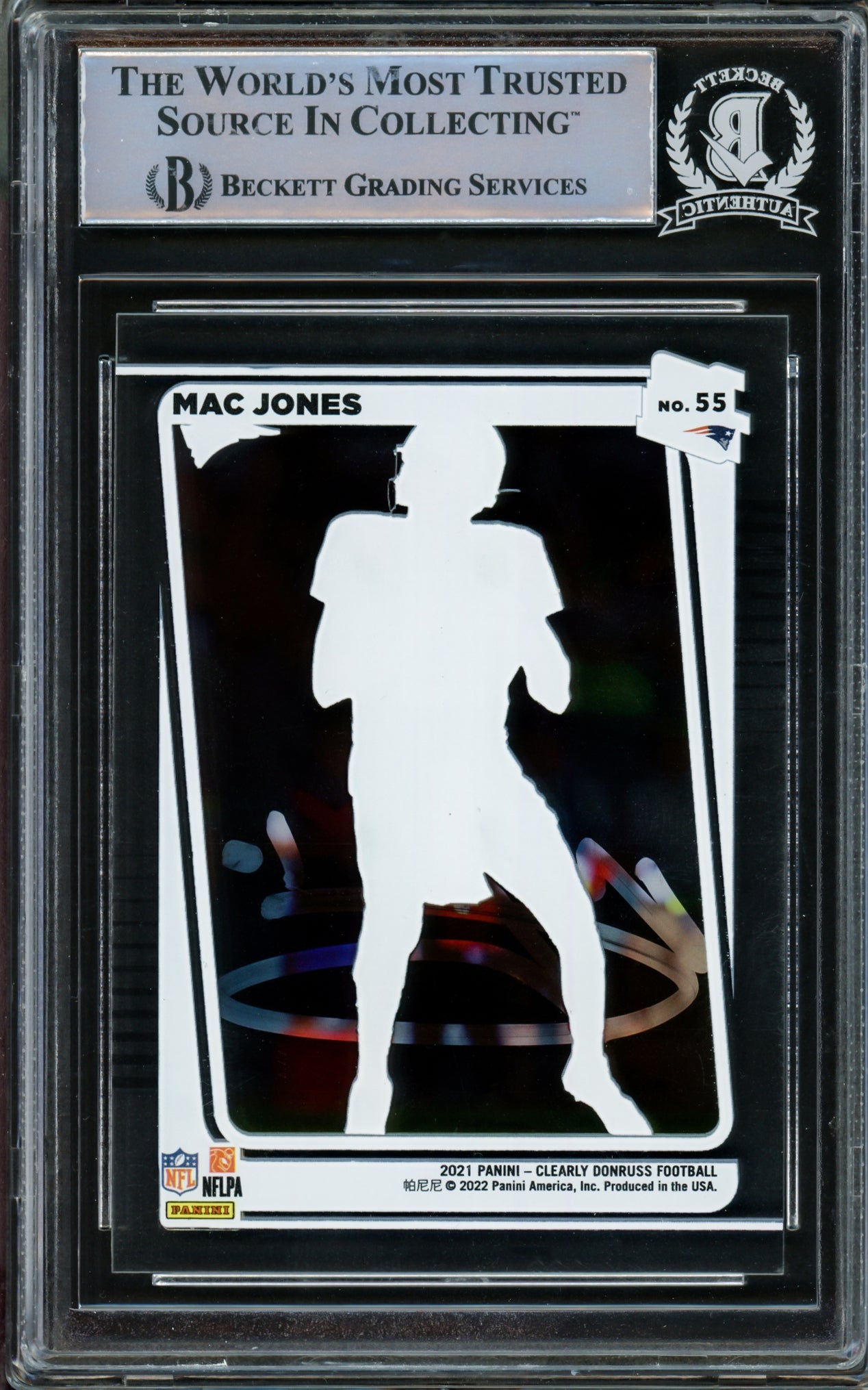 Mac Jones Autographed 2021 Panini Donruss Clearly Rookie Card #55 New England Patriots Beckett BAS Stock #210485