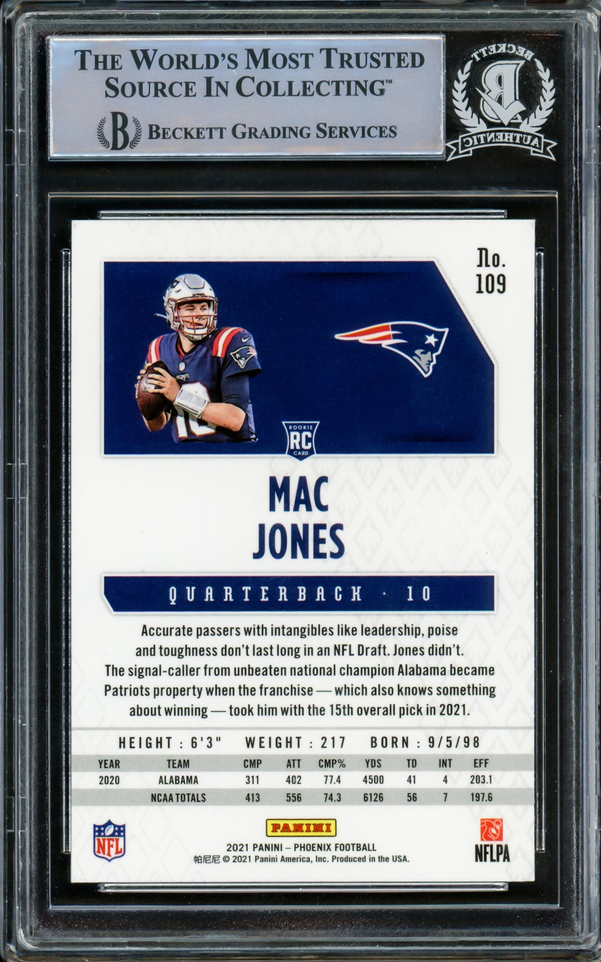 Mac Jones Autographed 2021 Panini Phoenix Fire Burst Rookie Card #109 New England Patriots Beckett BAS Stock #210490