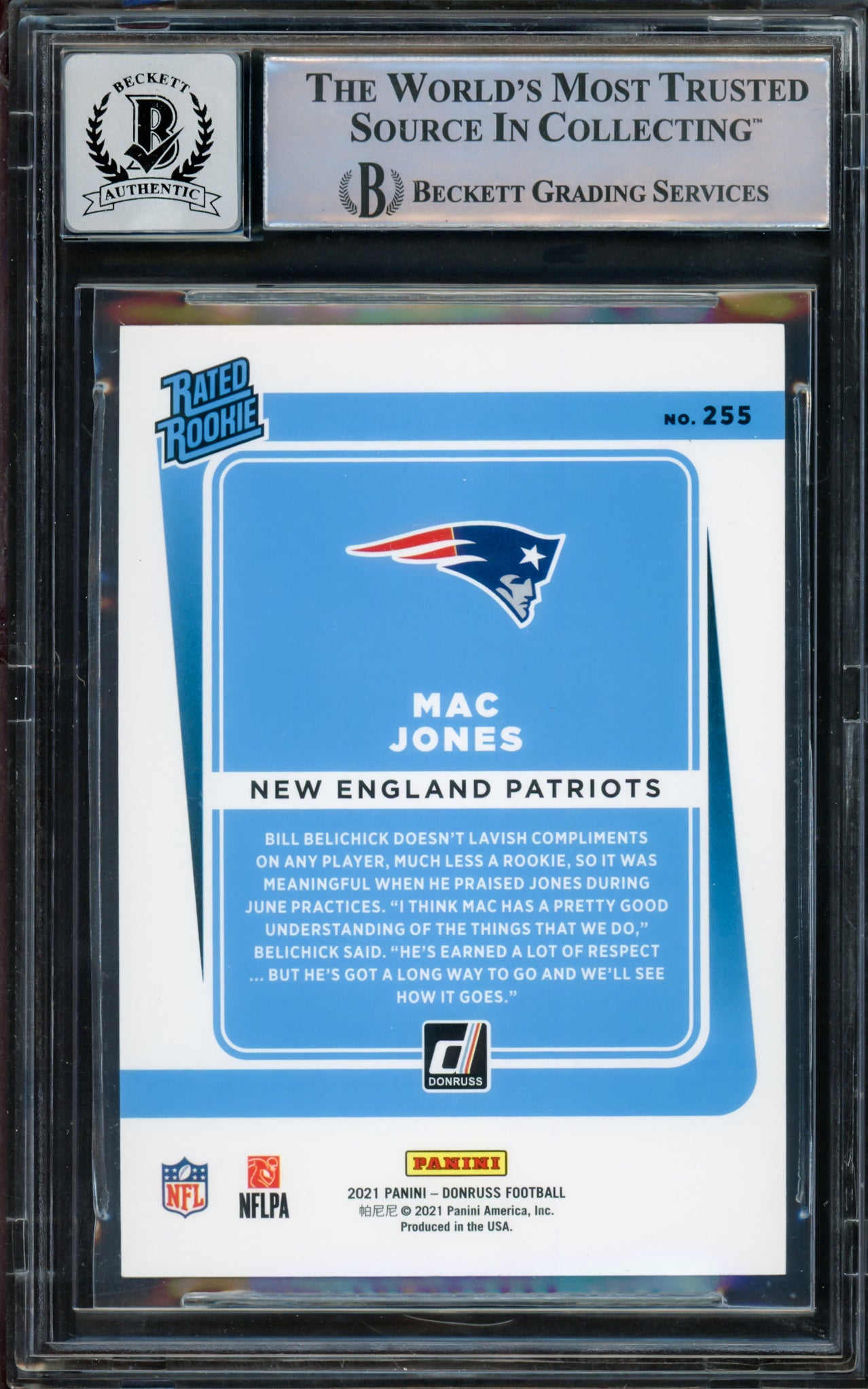 Mac Jones Autographed 2021 Donruss Rated Rookie Blue Press Proof Rookie Card #255 New England Patriots Auto 10 Beckett BAS Stock #210511