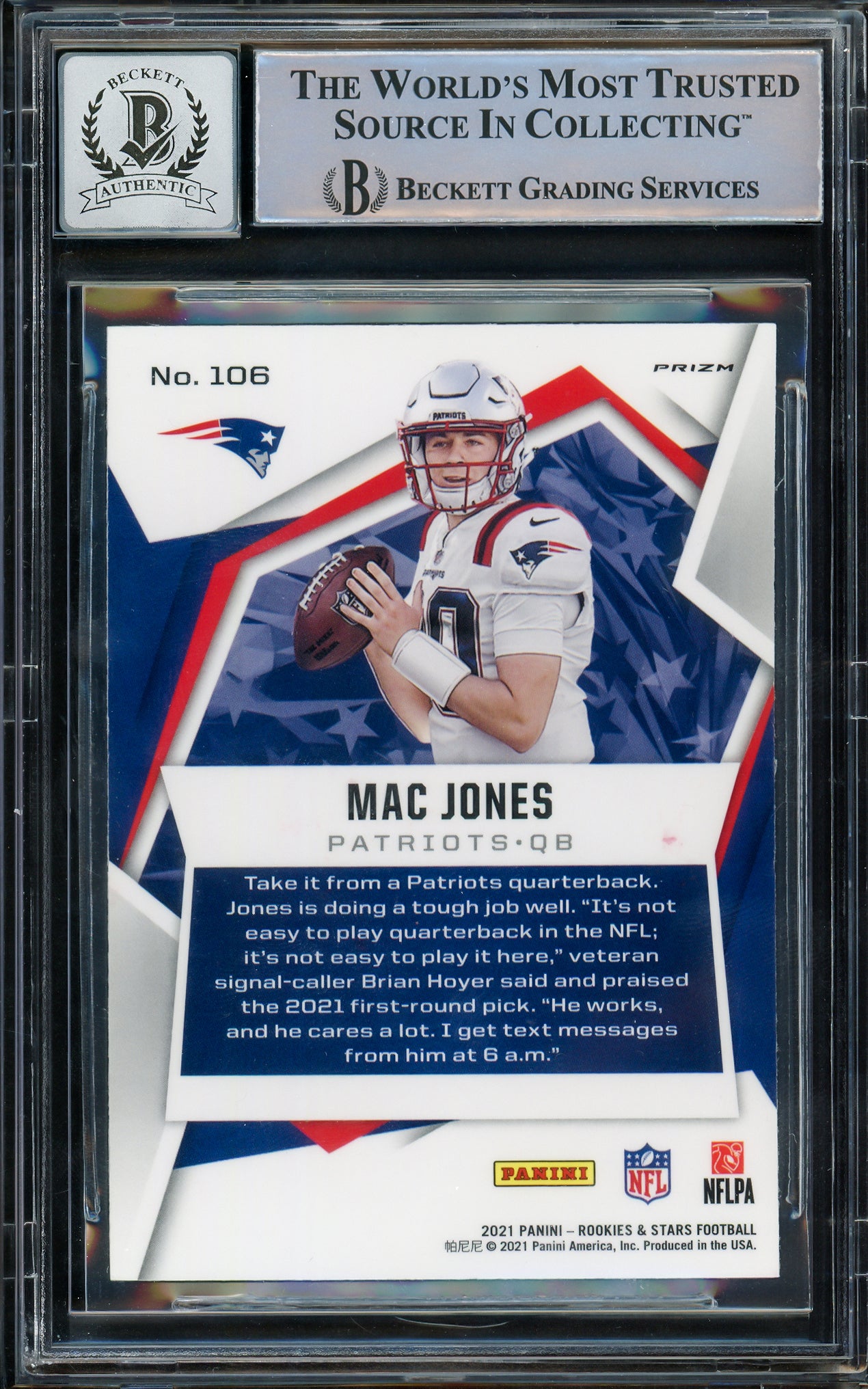 Mac Jones Autographed 2021 Panini Rookie & Stars Silver Pulsar Prizm Rookie Card #106 New England Patriots Auto 10 Beckett BAS Stock #210514