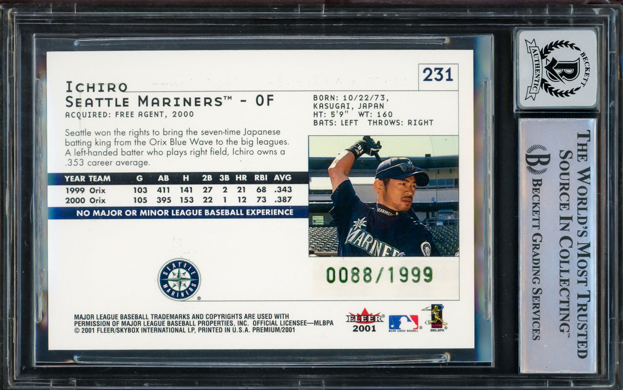 Ichiro Suzuki Autographed 2001 Fleer Premium Rookie Card #231 Seattle Mariners Auto Grade Gem Mint 10 "01 ROY/MVP" #88/1999 Beckett BAS #15093563