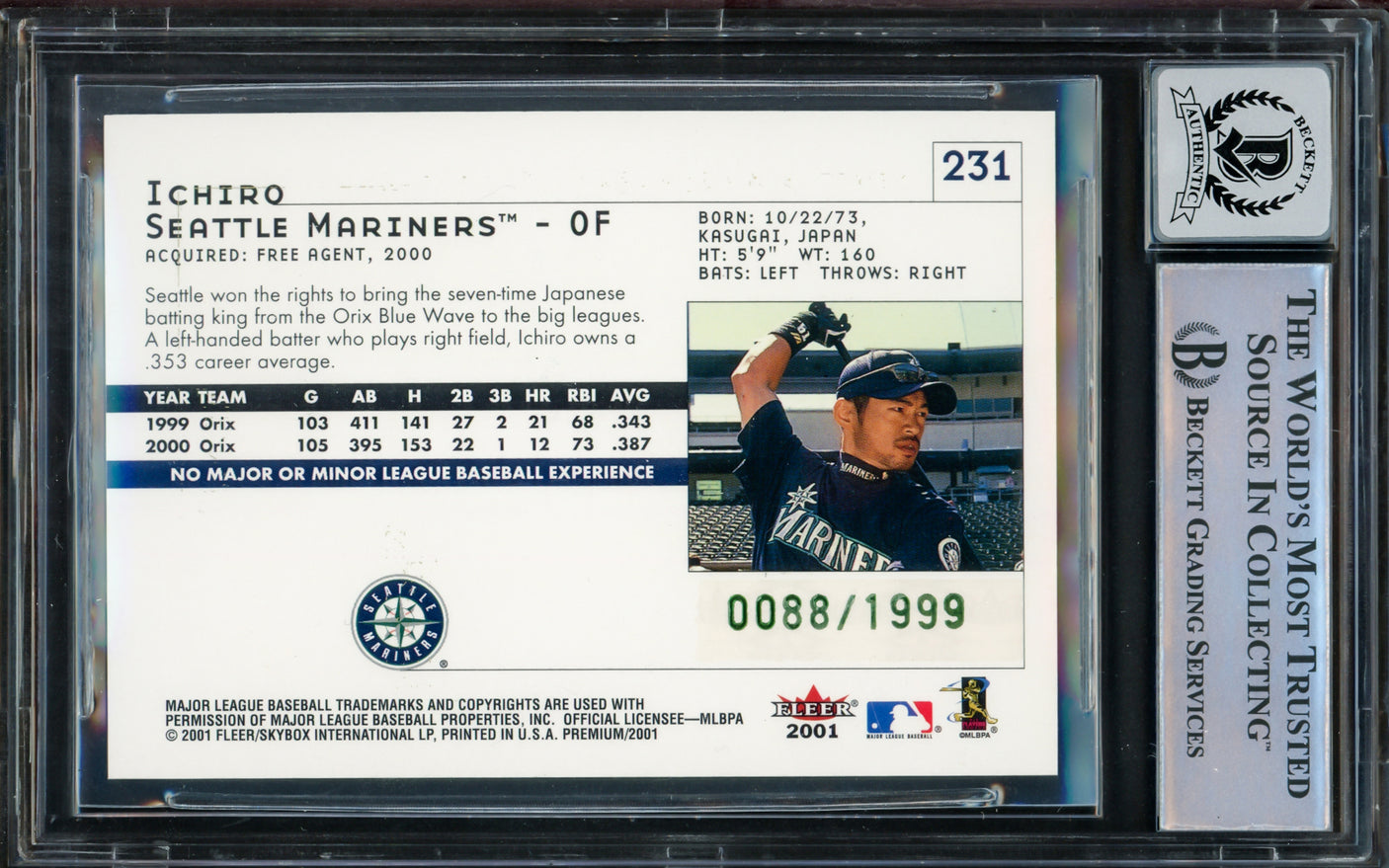 Ichiro Suzuki Autographed 2001 Fleer Premium Rookie Card #231 Seattle Mariners Auto Grade Gem Mint 10 "01 ROY/MVP" #88/1999 Beckett BAS #15093563