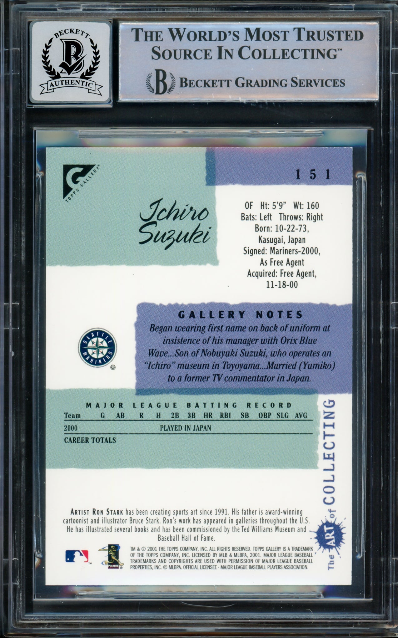 Ichiro Suzuki Autographed 2001 Topps Gallery Rookie Card #151 Seattle Mariners Auto Grade Gem Mint 10 Beckett BAS #15093568