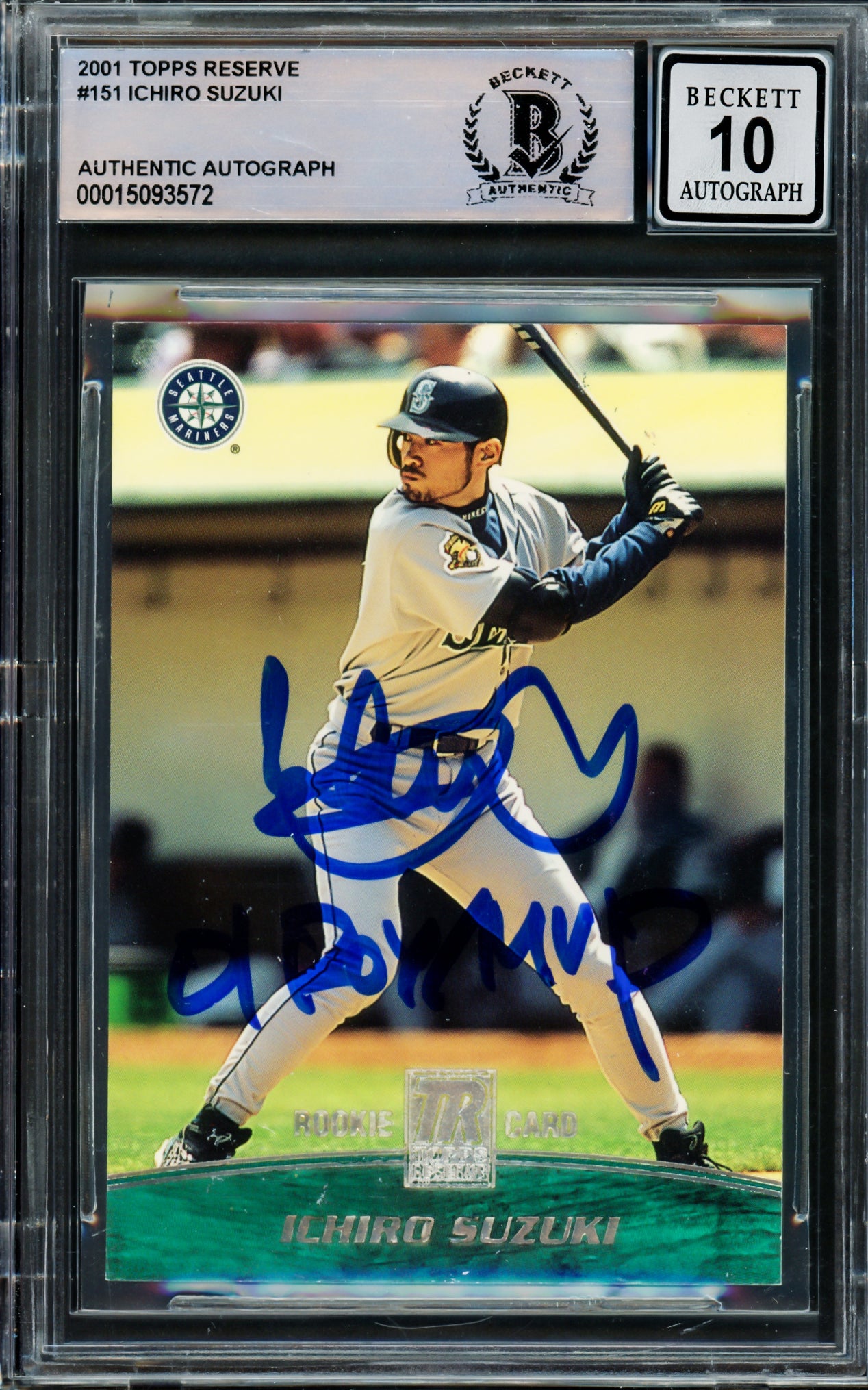 Ichiro Suzuki Autographed 2001 Topps Reserve Rookie Card #151 Seattle Mariners Auto Grade Gem Mint 10 "01 ROY/MVP" Beckett BAS #15093572