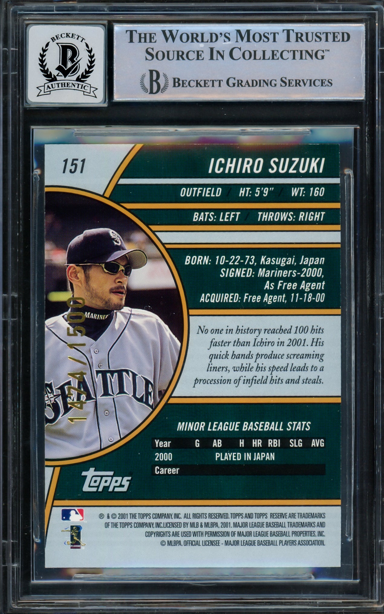 Ichiro Suzuki Autographed 2001 Topps Reserve Rookie Card #151 Seattle Mariners Auto Grade Gem Mint 10 "01 ROY/MVP" #1474/1500 Beckett BAS #15093570