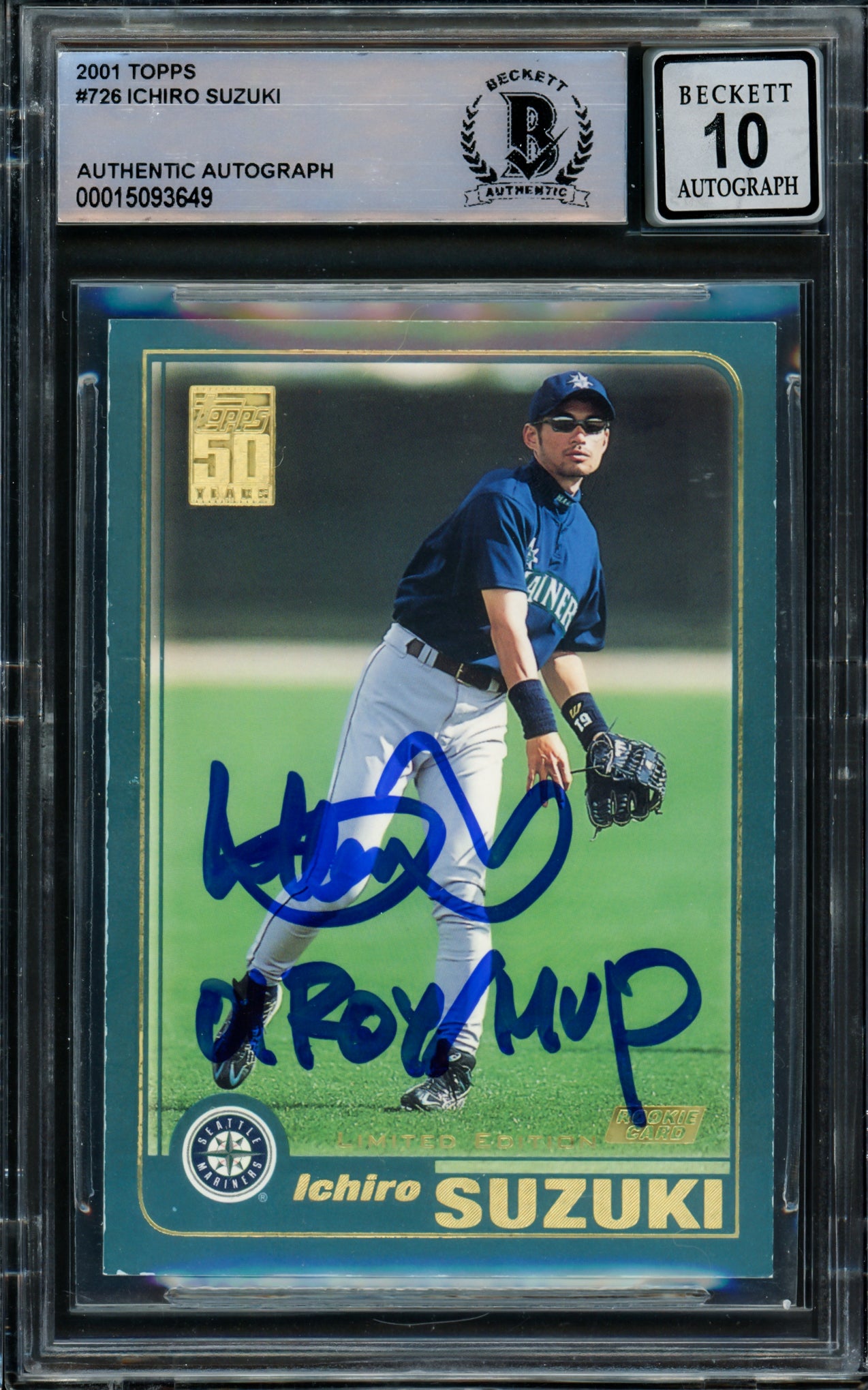 Ichiro Suzuki Autographed 2001 Topps Tiffany Limited Edition Rookie Card #726 Seattle Mariners Auto Grade Gem Mint 10 "01 ROY/MVP" Beckett BAS #15093649