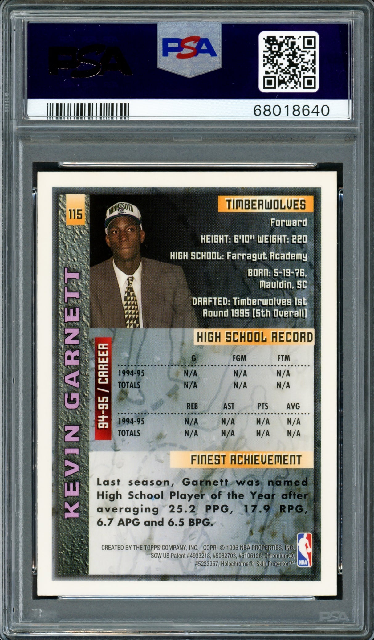 Kevin Garnett Autographed 1995-96 Topps Finest Rookie Card #115 Minnesota Timberwolves PSA 7 Auto Grade Gem Mint 10 PSA/DNA #68018640