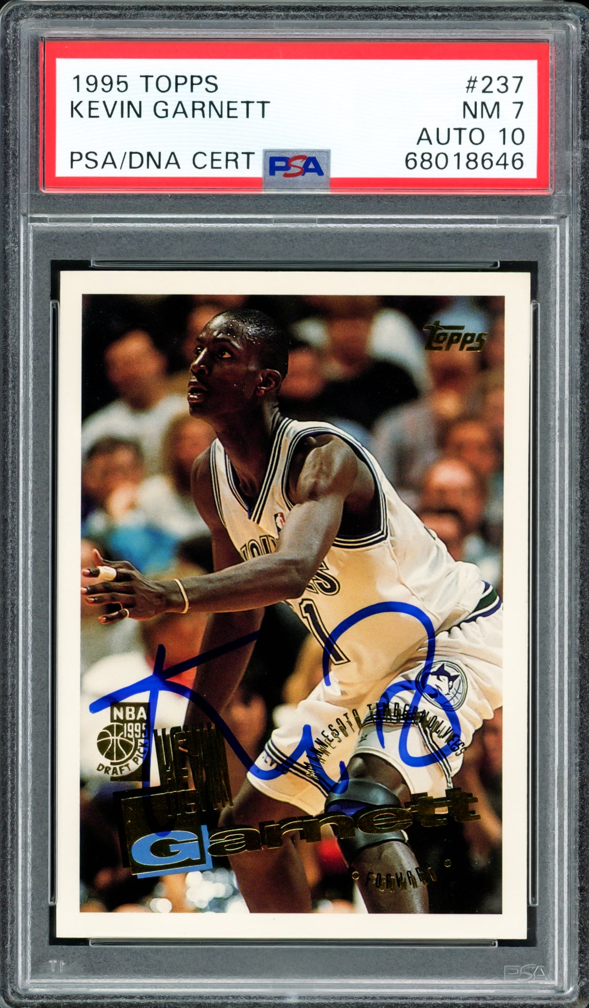 Kevin Garnett Autographed 1995-96 Topps Rookie Card #237 Minnesota Timberwolves PSA 7 Auto Grade Gem Mint 10 PSA/DNA #68018646