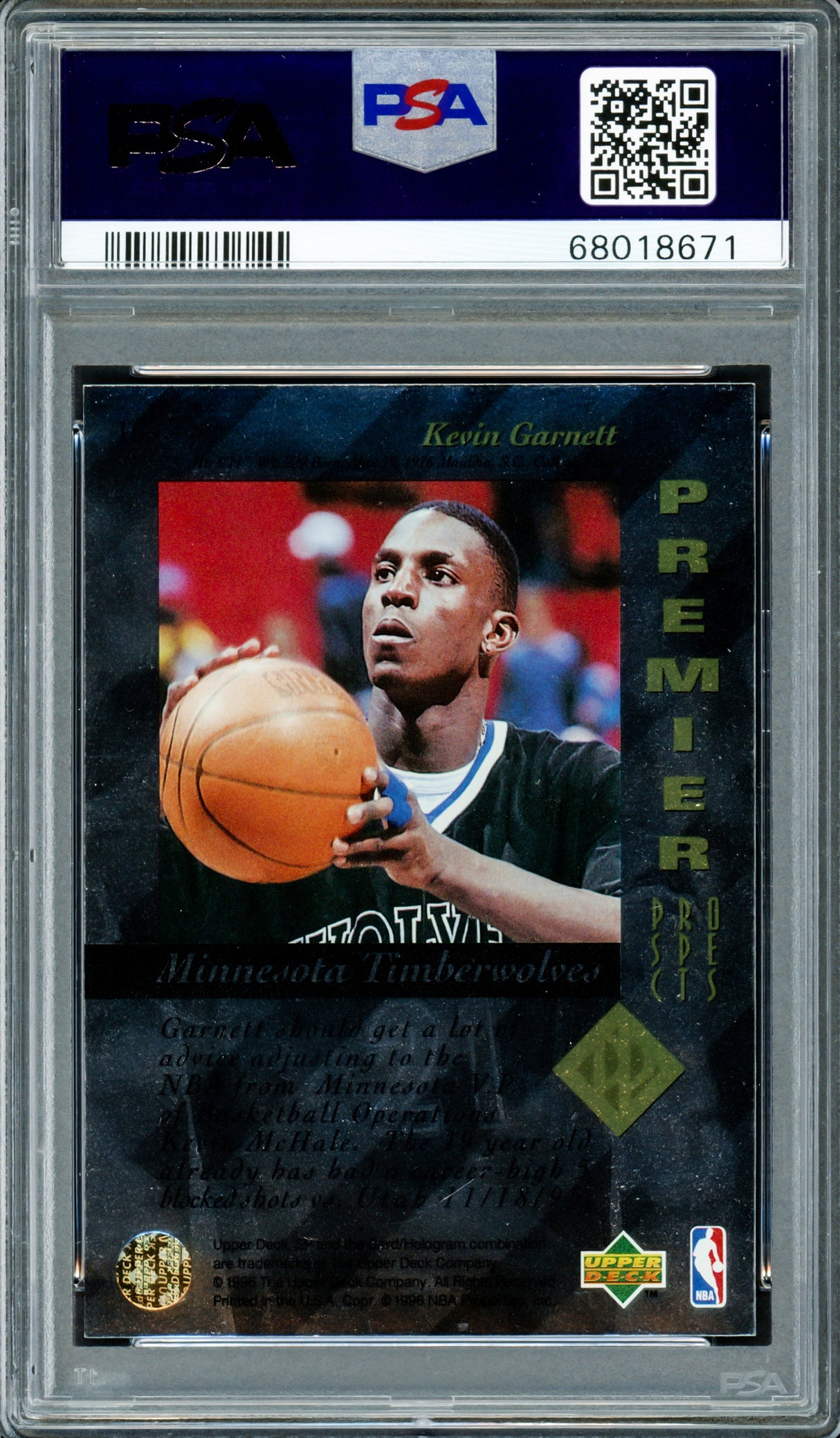 Kevin Garnett Autographed 1995-96 Upper Deck SP Rookie Card #159 Minnesota Timberwolves PSA 8 Auto Grade Gem Mint 10 PSA/DNA #68017671
