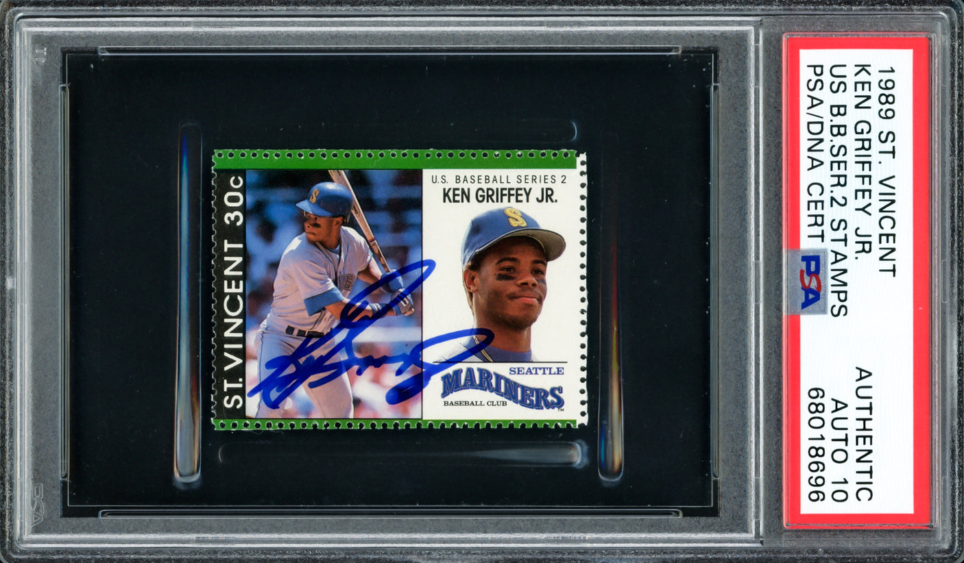 Ken Griffey Jr. Autographed 1989 St. Vincent Stamp Rookie St. Vincent US Baseball Series 2 Stamps Seattle Mariners Auto Grade Gem Mint 10 PSA/DNA #68018696