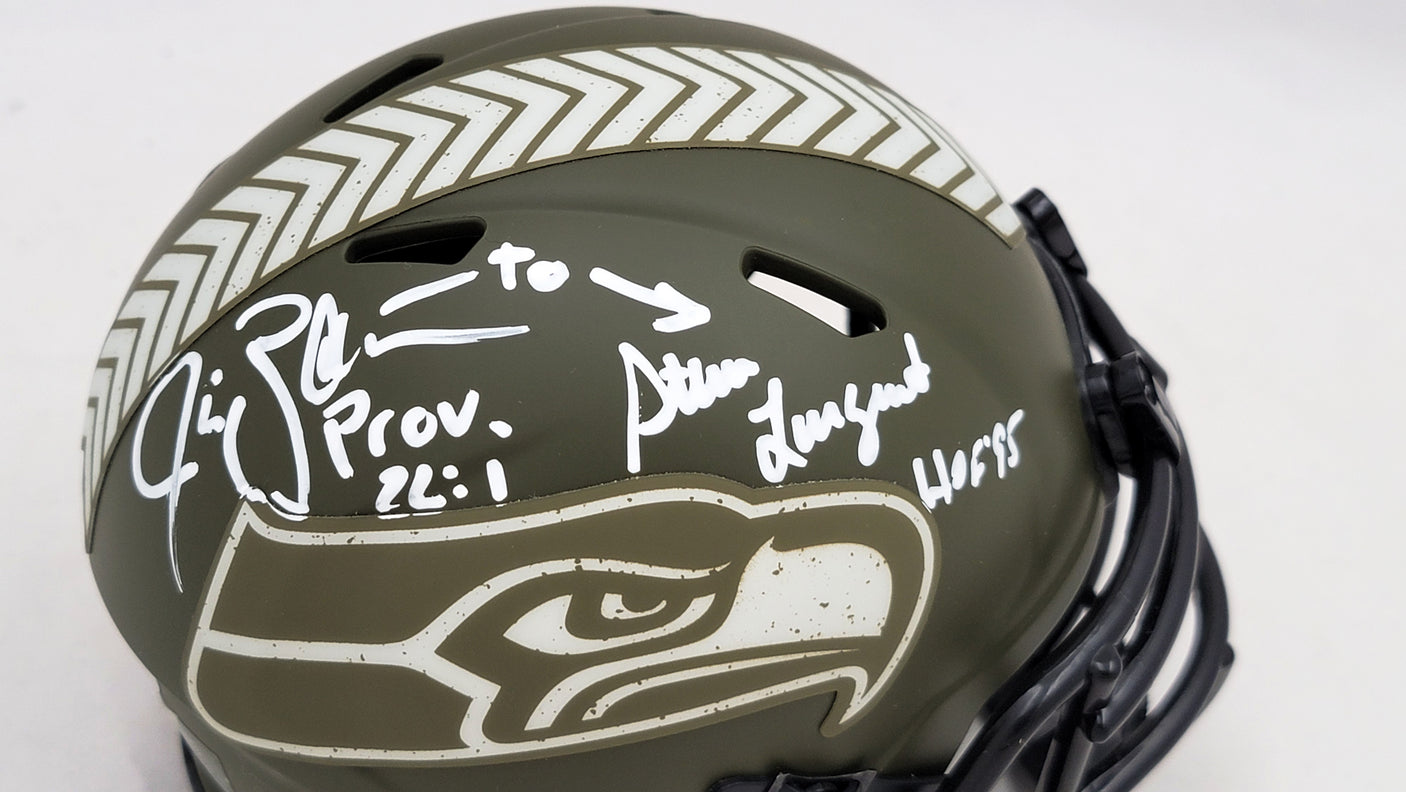 Steve Largent & Jim Zorn Autographed Seattle Seahawks Camo Speed Mini Helmet Salute To Service MCS Holo Stock #211063