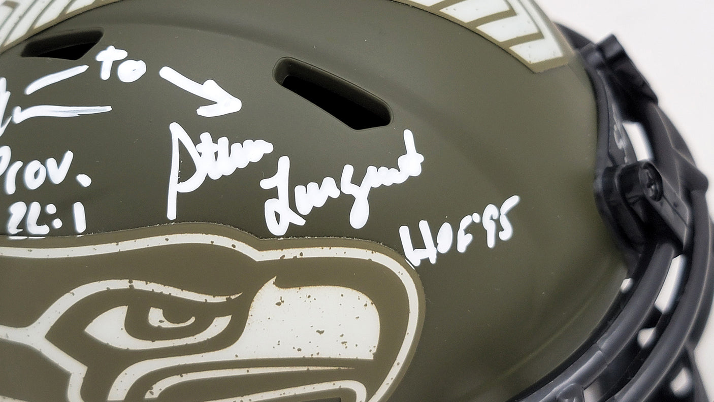 Steve Largent & Jim Zorn Autographed Seattle Seahawks Camo Speed Mini Helmet Salute To Service MCS Holo Stock #211063