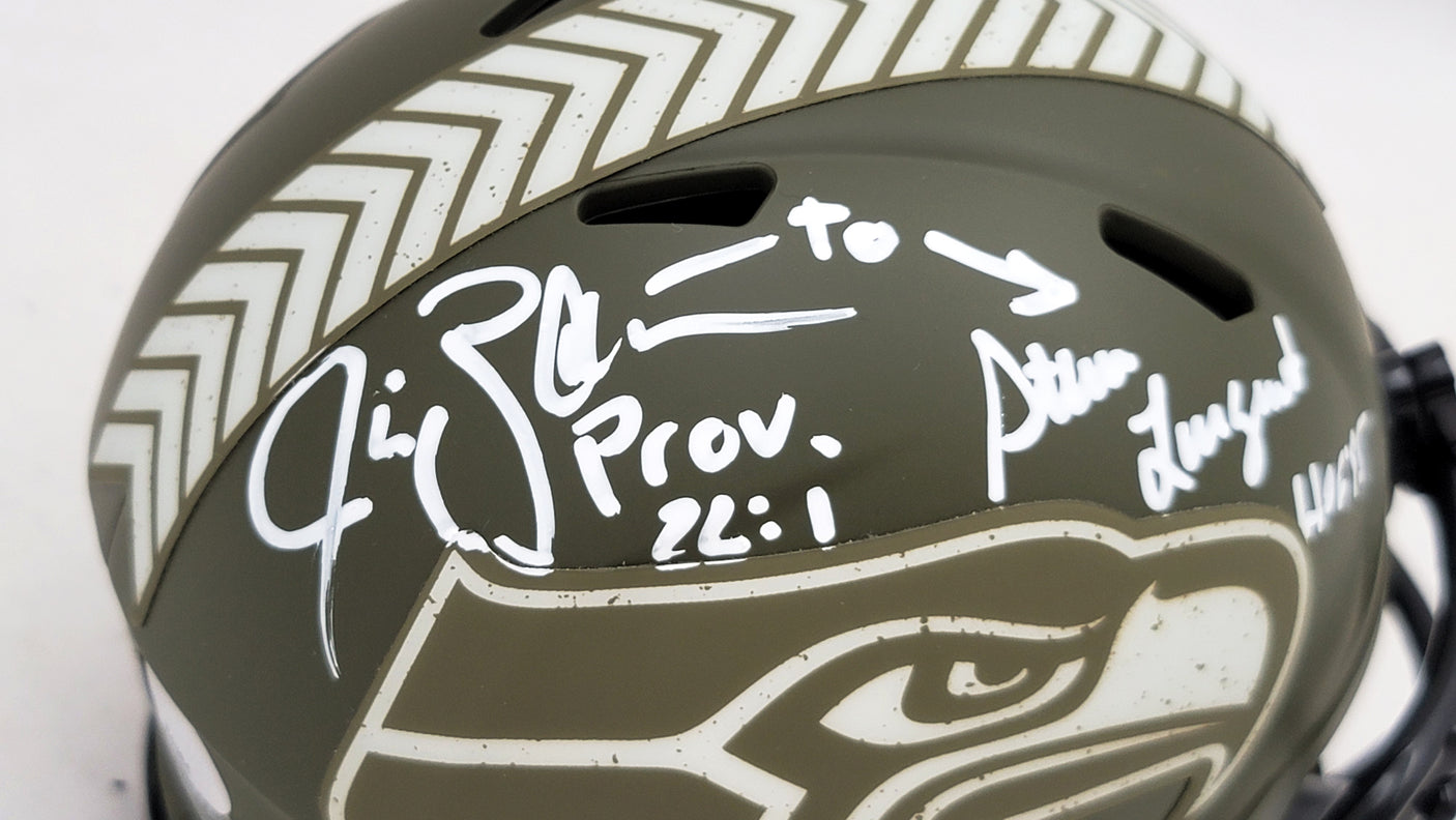 Steve Largent & Jim Zorn Autographed Seattle Seahawks Camo Speed Mini Helmet Salute To Service MCS Holo Stock #211063
