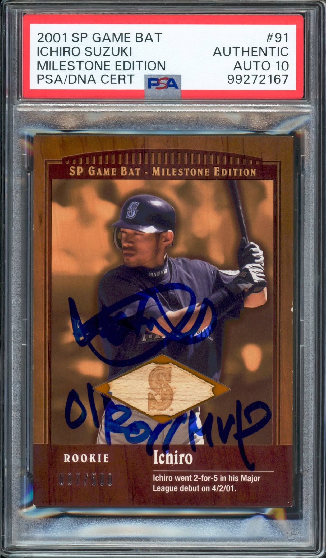 Ichiro Suzuki Autographed 2001 Upper Deck SP Rookie Card #91 Seattle Mariners Auto Grade Gem Mint 10 "01 ROY/MVP" Game Used Bat #7/500 PSA/DNA #99272167
