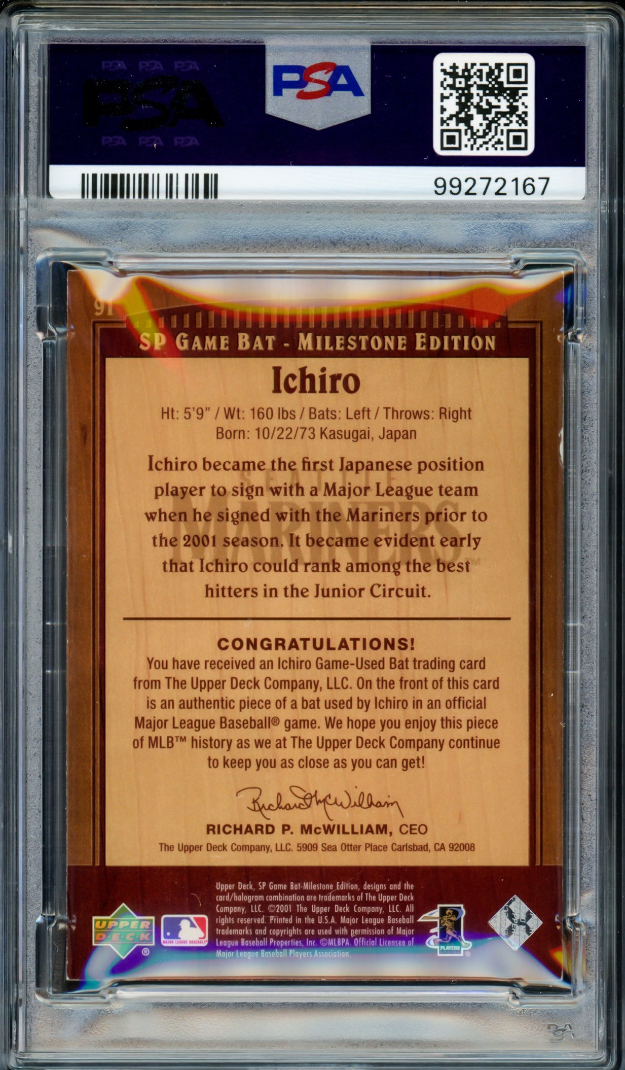 Ichiro Suzuki Autographed 2001 Upper Deck SP Rookie Card #91 Seattle Mariners Auto Grade Gem Mint 10 "01 ROY/MVP" Game Used Bat #7/500 PSA/DNA #99272167