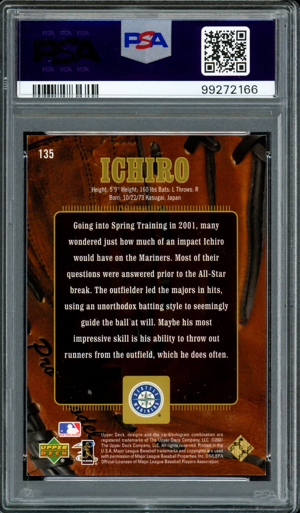 Ichiro Suzuki Autographed 2001 Upper Deck Gold Glove Rookie Card #135 Seattle Mariners Auto Grade Mint 9 "01 ROY/MVP" #75/500 PSA/DNA #99272166