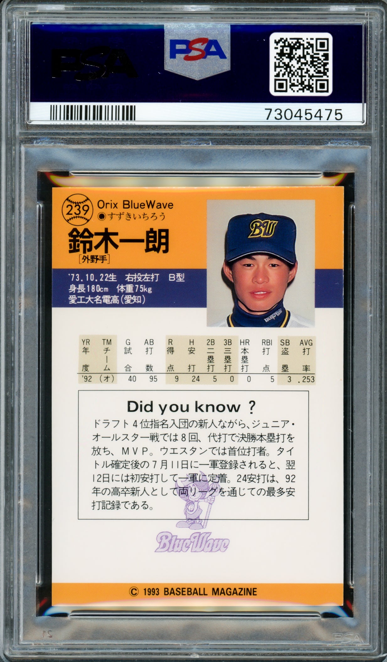 Ichiro Suzuki Autographed 1993 BBM Rookie Card #239 Orix Blue Wave PSA 9 Auto Grade Gem Mint 10 Signed In Kanji PSA/DNA #73045475