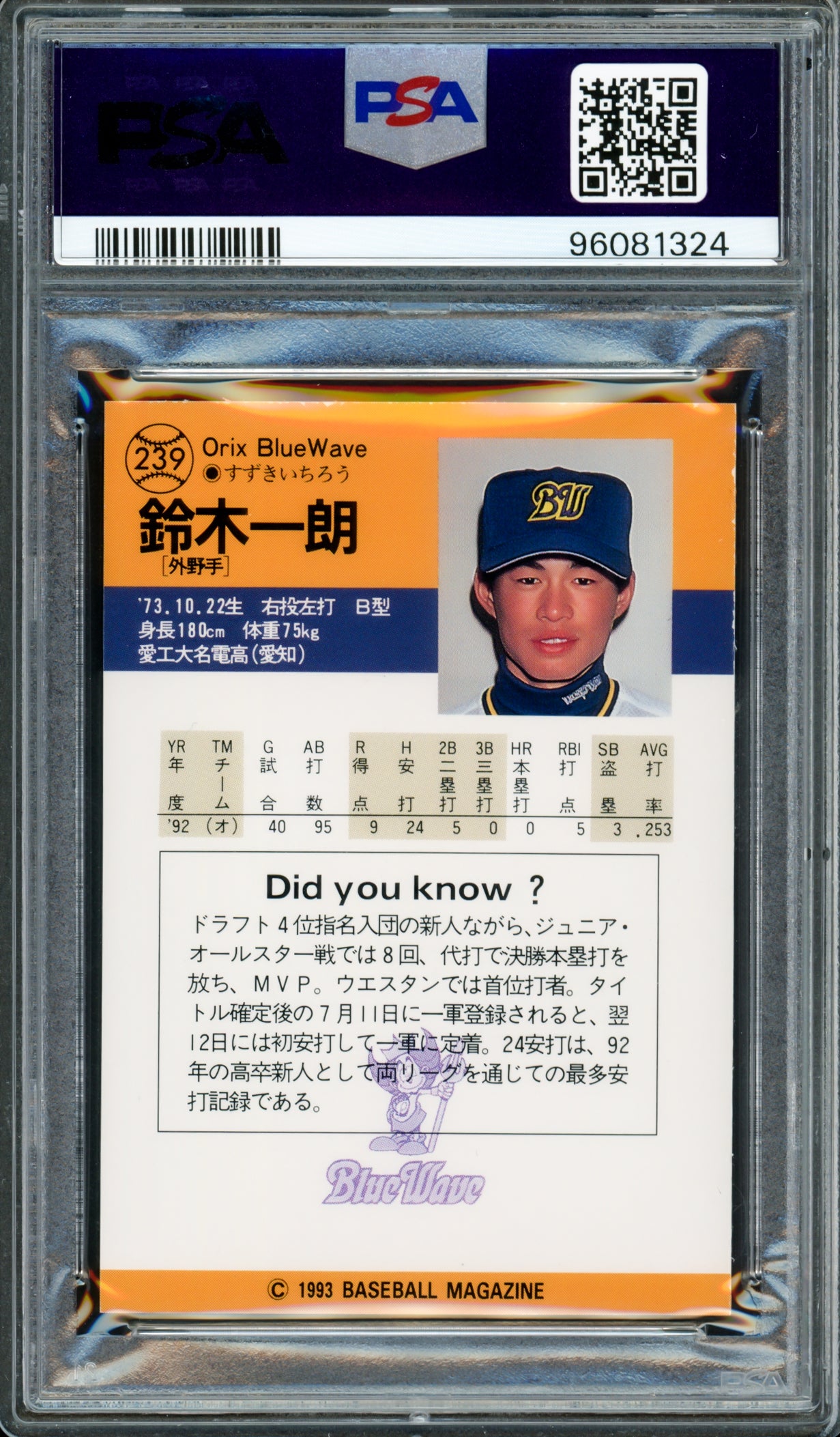 Ichiro Suzuki Autographed 1993 BBM Rookie Card #239 Orix Blue Wave PSA 7 Auto Grade Gem Mint 10 Signed In Kanji PSA/DNA #96081324