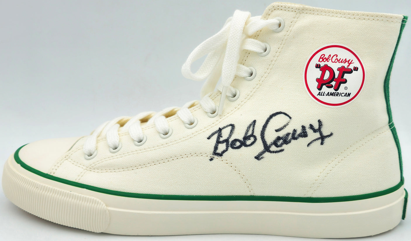 Bob Cousy Autographed White P.F. Flyers All-American HI Cousy Shoes Boston Celtics Size 12 Beckett BAS Witness Stock #236684