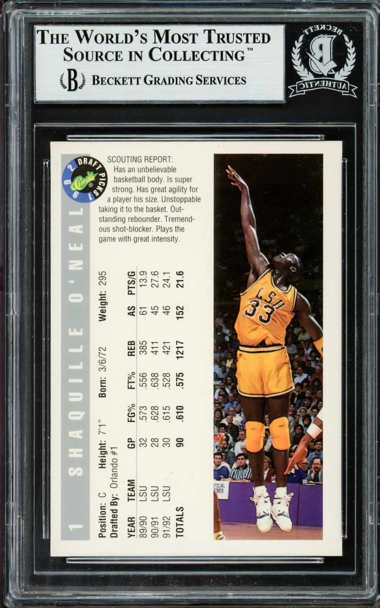Shaquille Shaq O'Neal Autographed 1992 Classic Rookie Card #1 LSU Tigers Beckett BAS Stock #211214