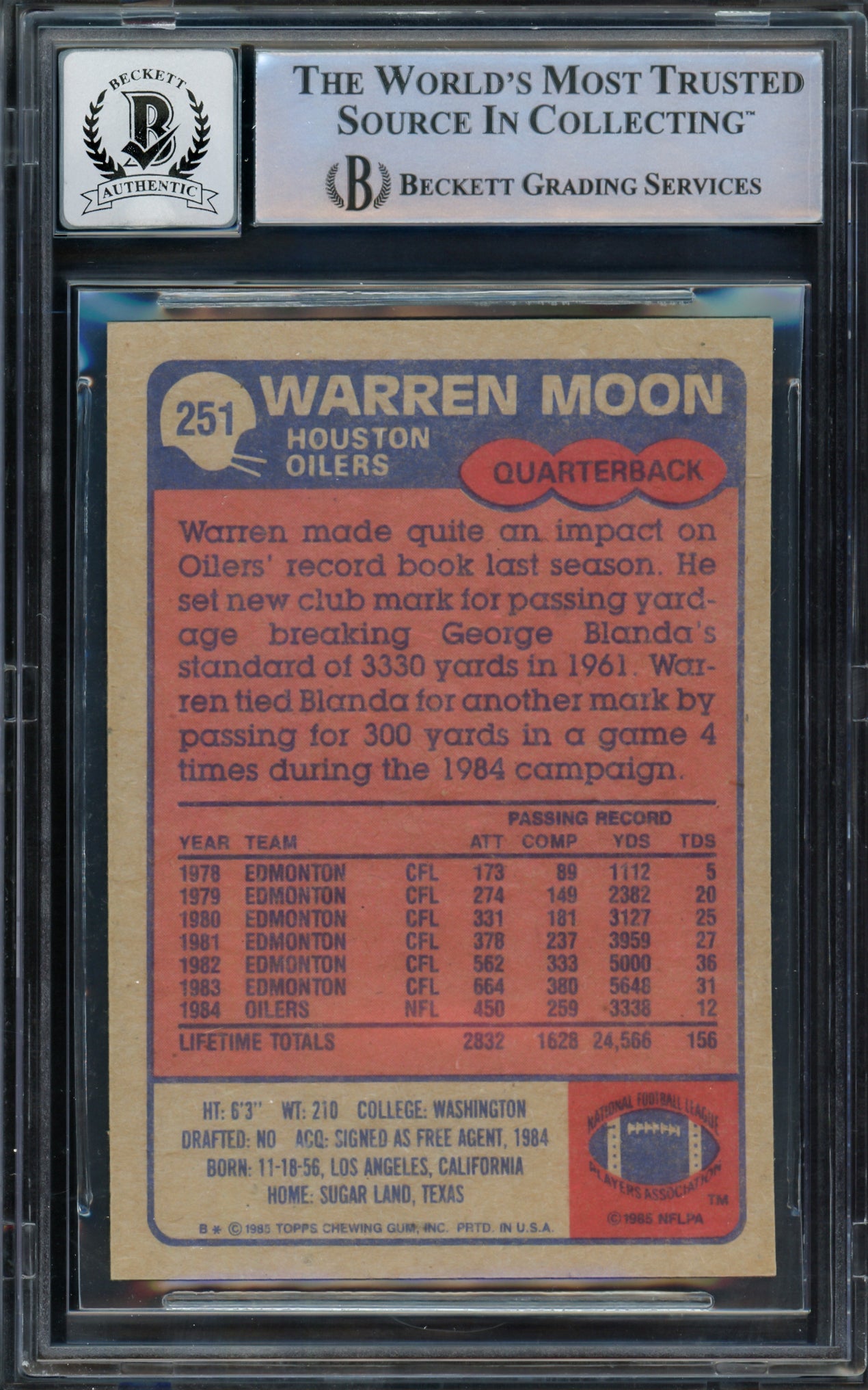 Warren Moon Autographed 1985 Topps Rookie Card #251 Houston Oilers Auto Grade Gem Mint 10 "HOF 06" Beckett BAS Stock #211225