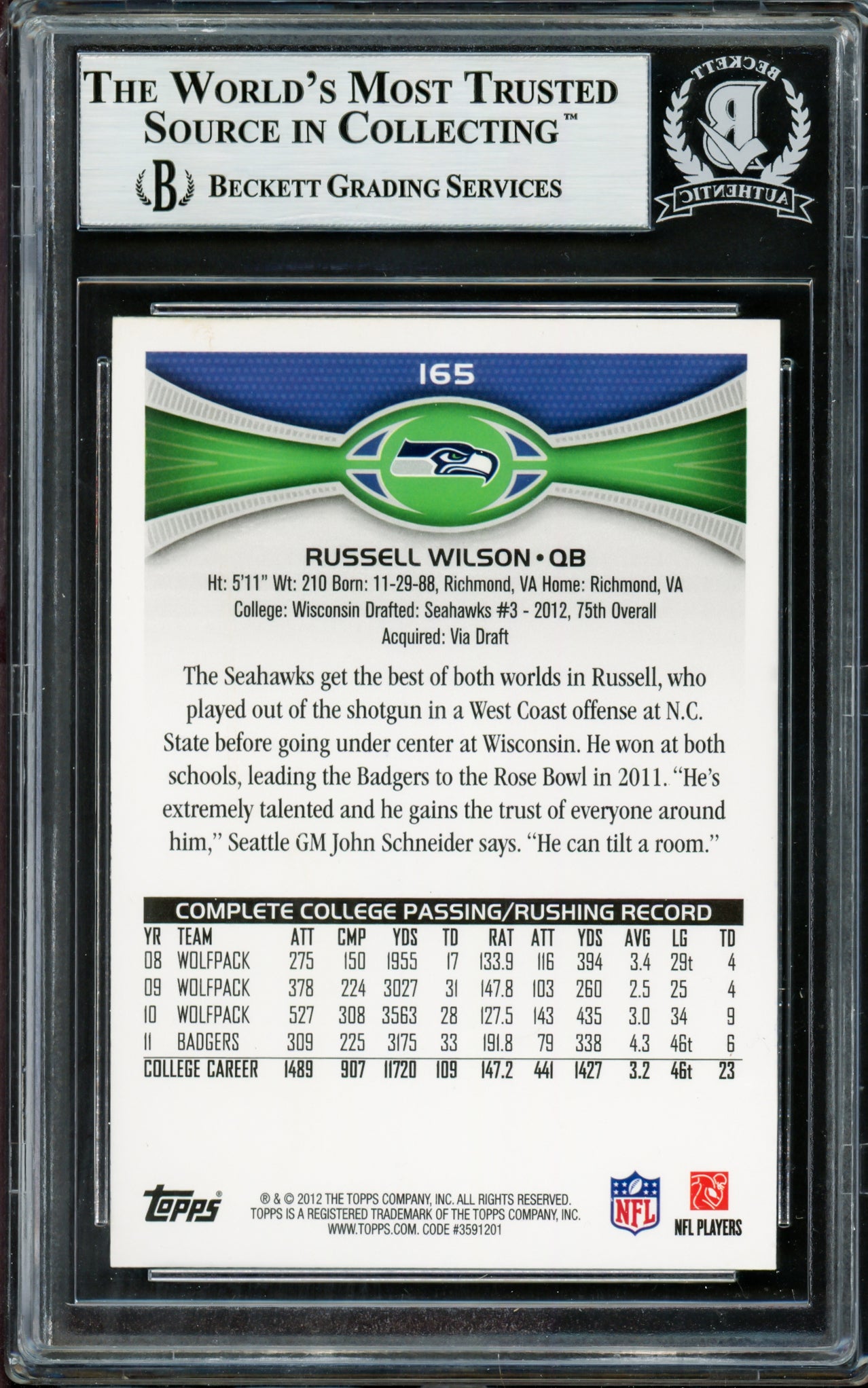 Russell Wilson Autographed 2012 Topps Rookie Card #165A Seattle Seahawks Beckett BAS Stock #211226