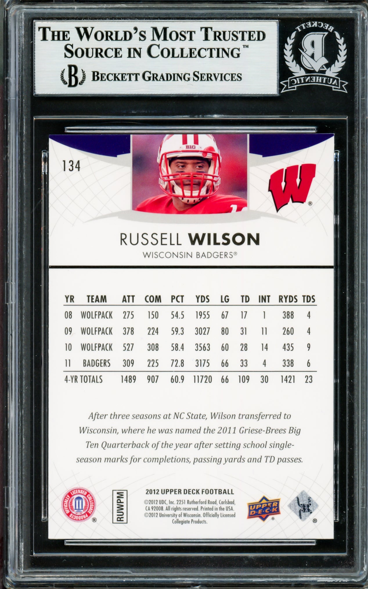 Russell Wilson Autographed 2012 Upper Deck Rookie Card #134 Seattle Seahawks Beckett BAS Stock #211228