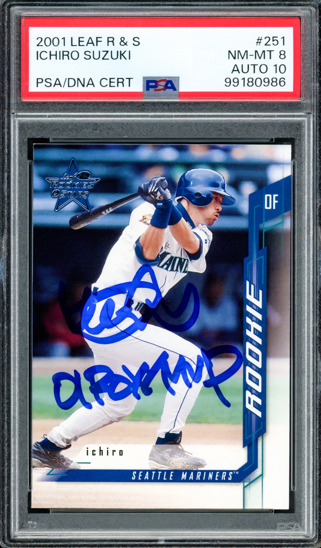 Ichiro Suzuki Autographed 2001 Leaf Rookies & Stars Rookie Card #251 Seattle Mariners PSA 8 Auto Grade Gem Mint 10 "01 ROY/MVP" PSA/DNA #99180986
