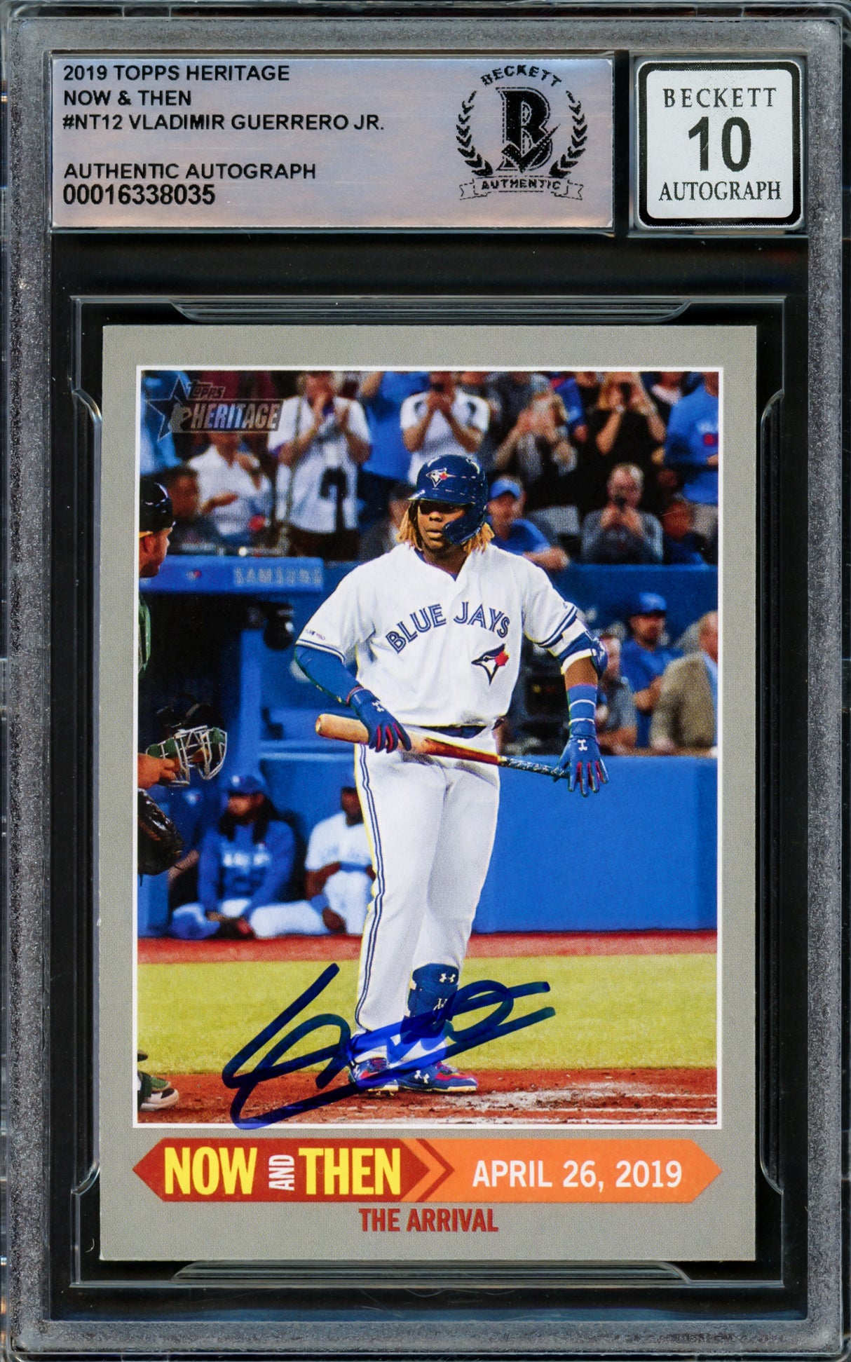 Vladimir Guerrero Jr. Autographed 2019 Topps Heritage Now And Then Card #NT-12 Toronto Blue Jays Auto Grade Gem Mint 10 Beckett BAS #16338035