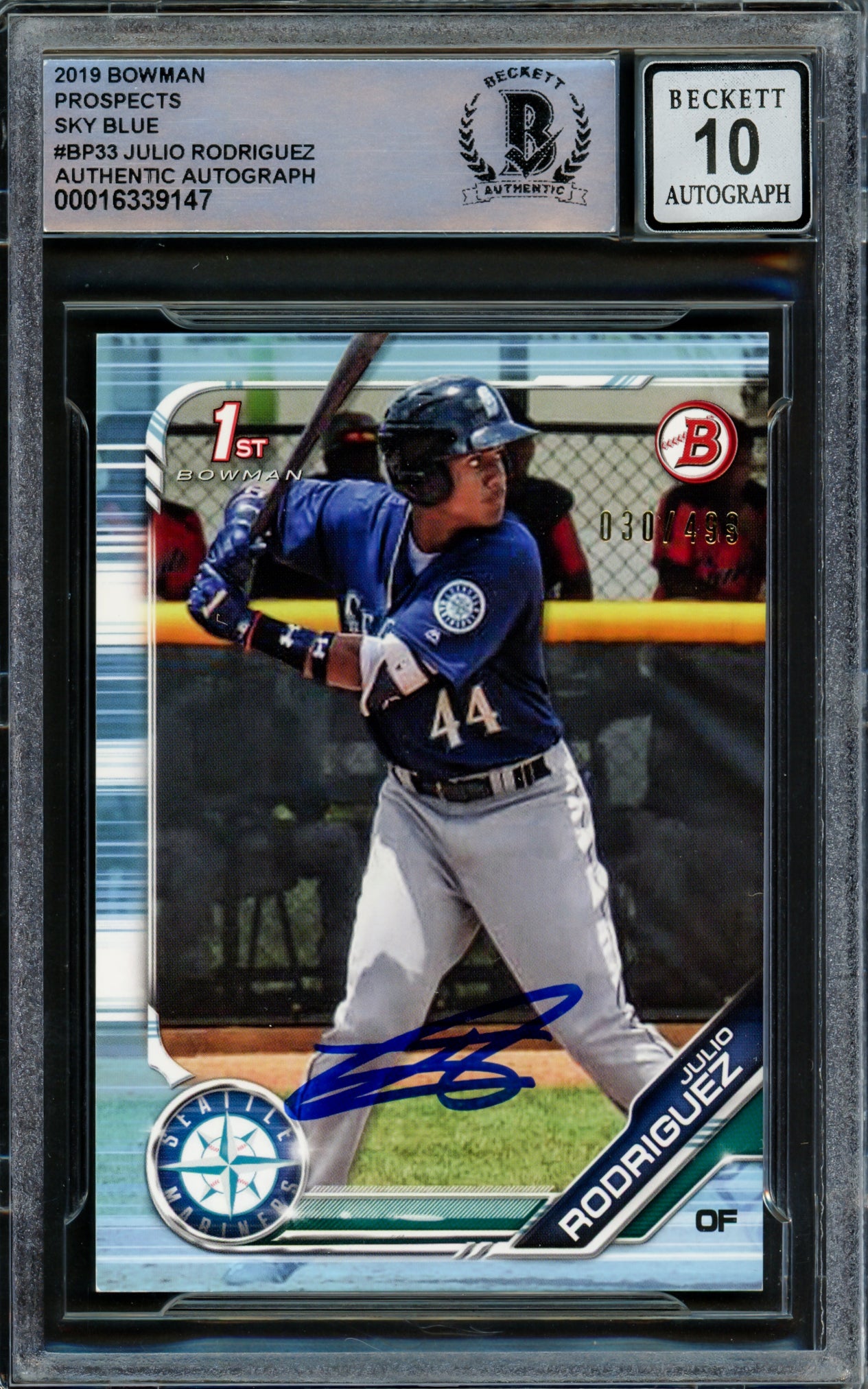 Julio Rodriguez Autographed 2019 Bowman Prospects Sky Blue Rookie Card #BP33 Seattle Mariners Auto Grade Gem Mint 10 #30/499 Beckett BAS #16339147