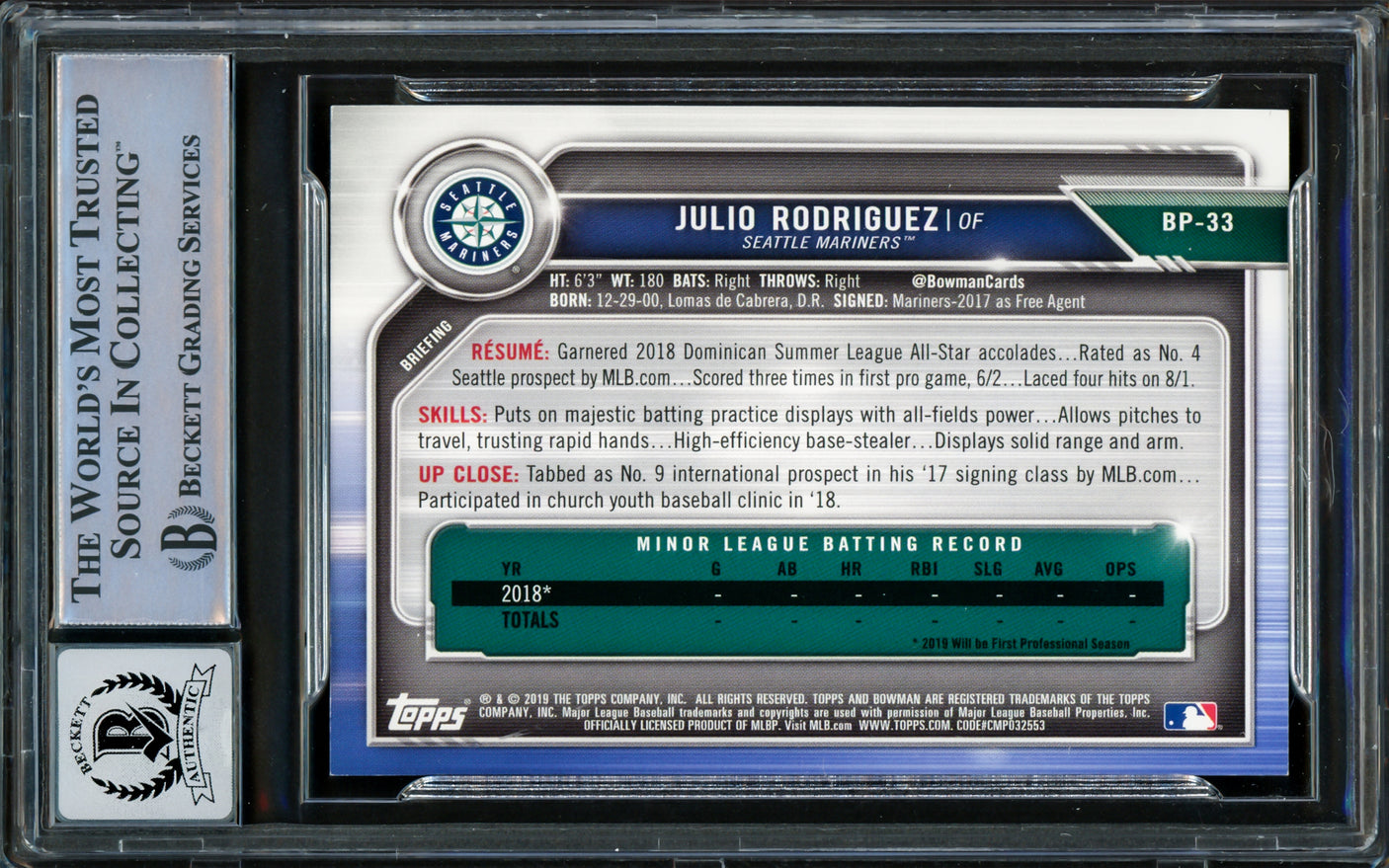 Julio Rodriguez Autographed 2019 Bowman Prospects Sky Blue Rookie Card #BP33 Seattle Mariners Auto Grade Gem Mint 10 #30/499 Beckett BAS #16339147
