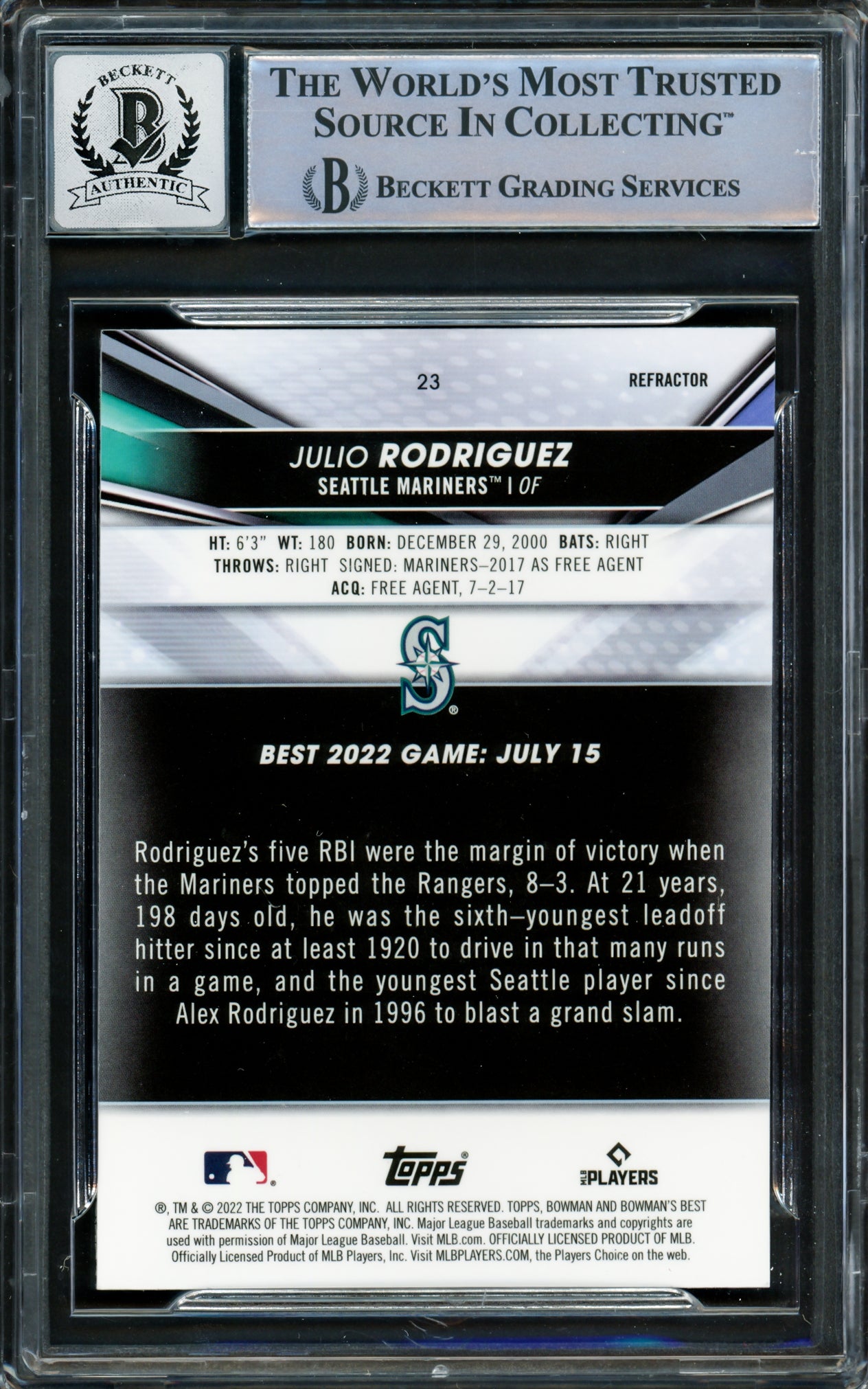 Julio Rodriguez Autographed 2022 Bowman's Best Refractors Rookie Card #23 Seattle Mariners Auto Grade Gem Mint 10 Beckett BAS #16339177
