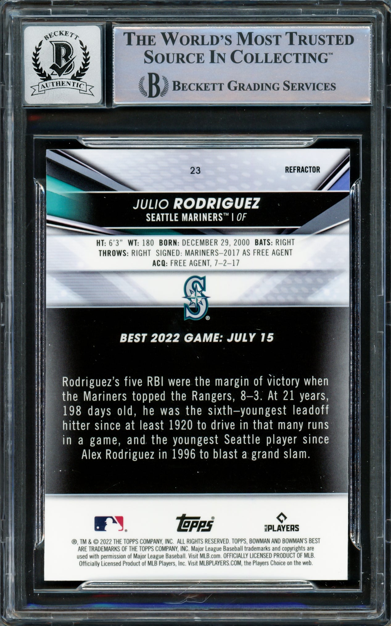 Julio Rodriguez Autographed 2022 Bowman's Best Refractors Rookie Card #23 Seattle Mariners Auto Grade Gem Mint 10 Beckett BAS #16339179
