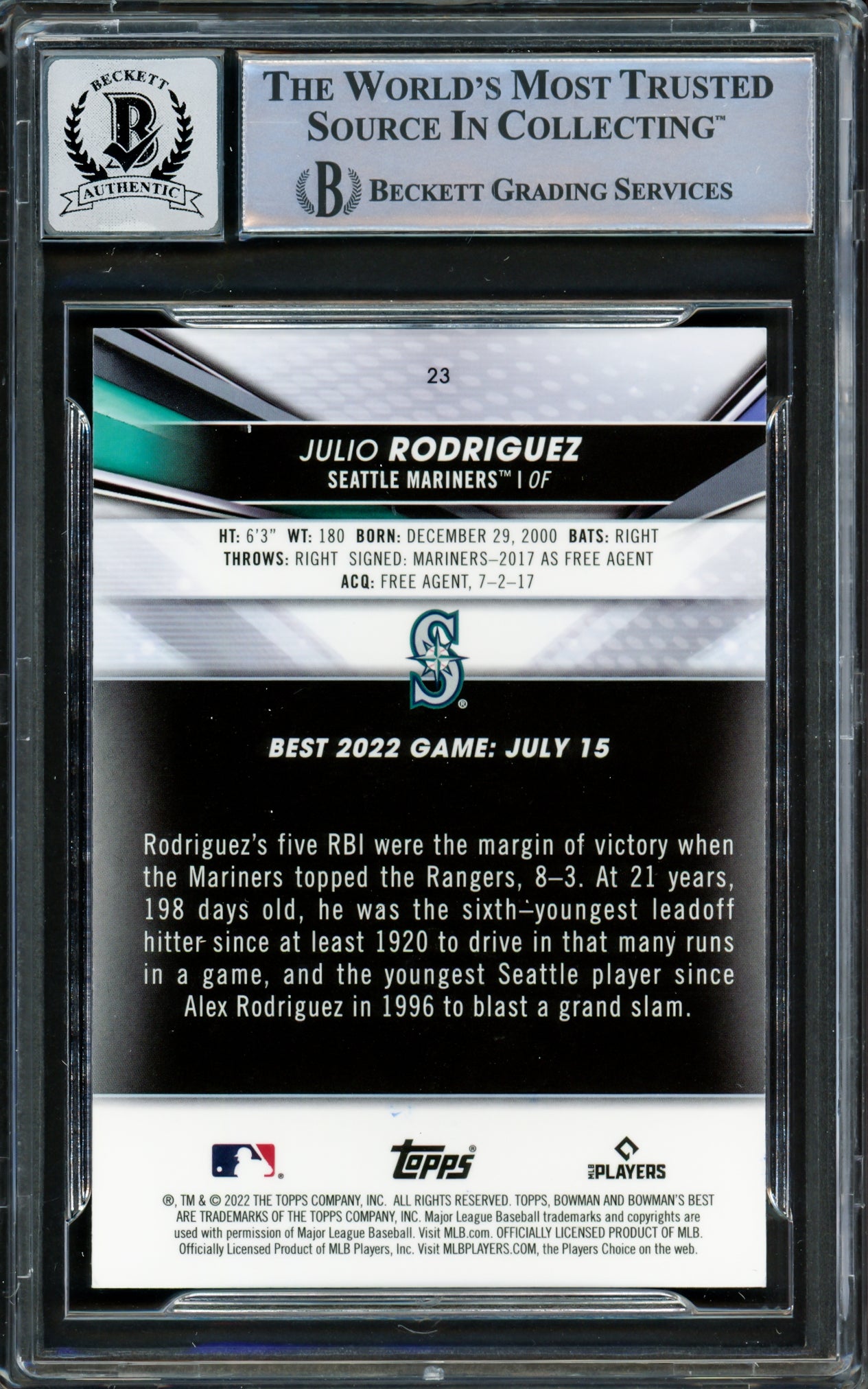 Julio Rodriguez Autographed 2022 Bowman's Best Rookie Card #23 Seattle Mariners Auto Grade Gem Mint 10 Beckett BAS #16339174