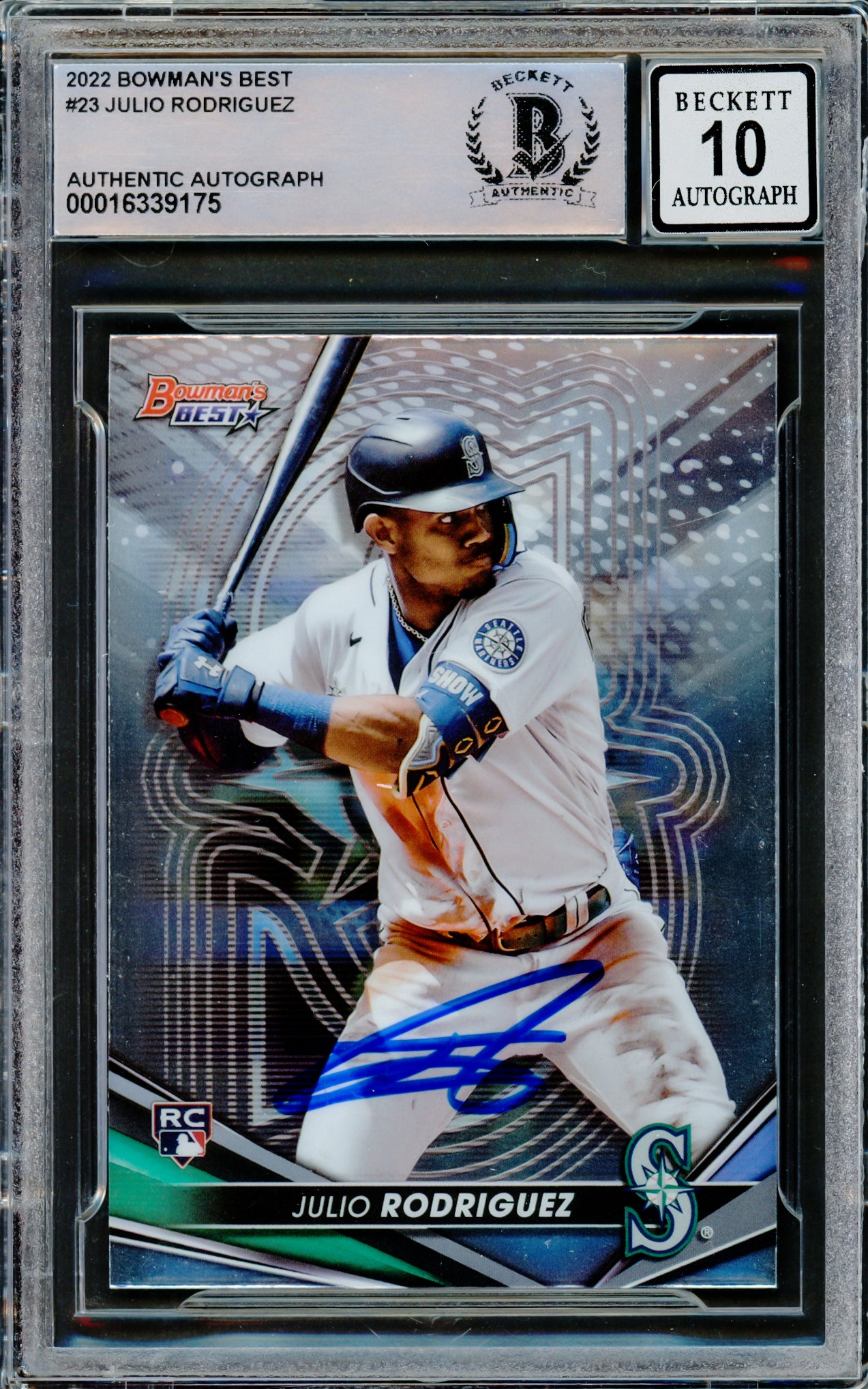 Julio Rodriguez Autographed 2022 Bowman's Best Rookie Card #23 Seattle Mariners Auto Grade Gem Mint 10 Beckett BAS #16339175