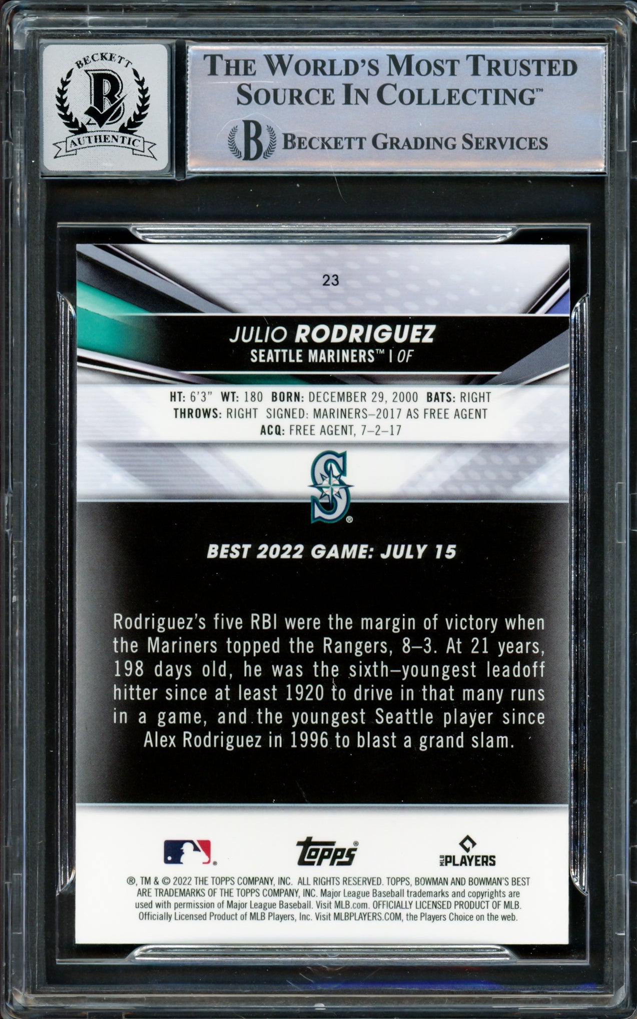 Julio Rodriguez Autographed 2022 Bowman's Best Rookie Card #23 Seattle Mariners Auto Grade Gem Mint 10 Beckett BAS #16339175